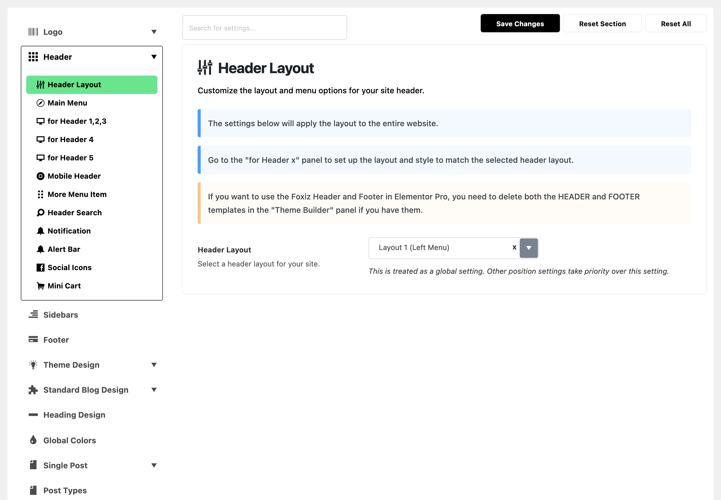Theme Options with Header expanded in the section list and Header Layout highlighted, beside the Header Layout panel: its three notes, then Header Layout set to Layout 1 (Left Menu)