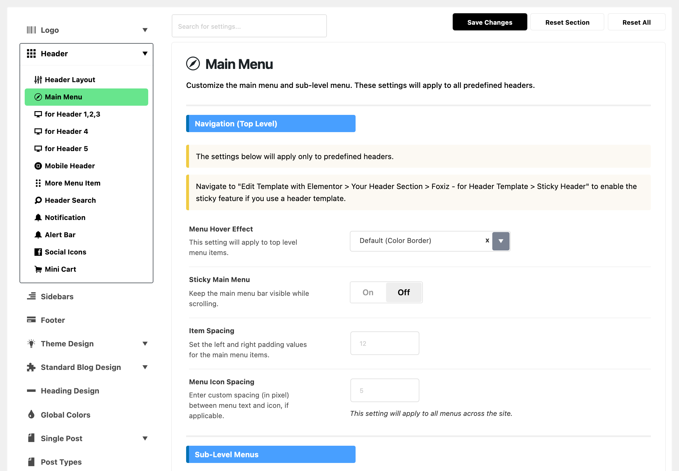 Theme Options with Header expanded in the section list and Main Menu highlighted, beside the Main Menu panel: the Navigation (Top Level) group with its two notes, Menu Hover Effect on Default (Color Border), Sticky Main Menu off, Item Spacing and Menu Icon Spacing blank, and the top of the Sub-Level Menus group