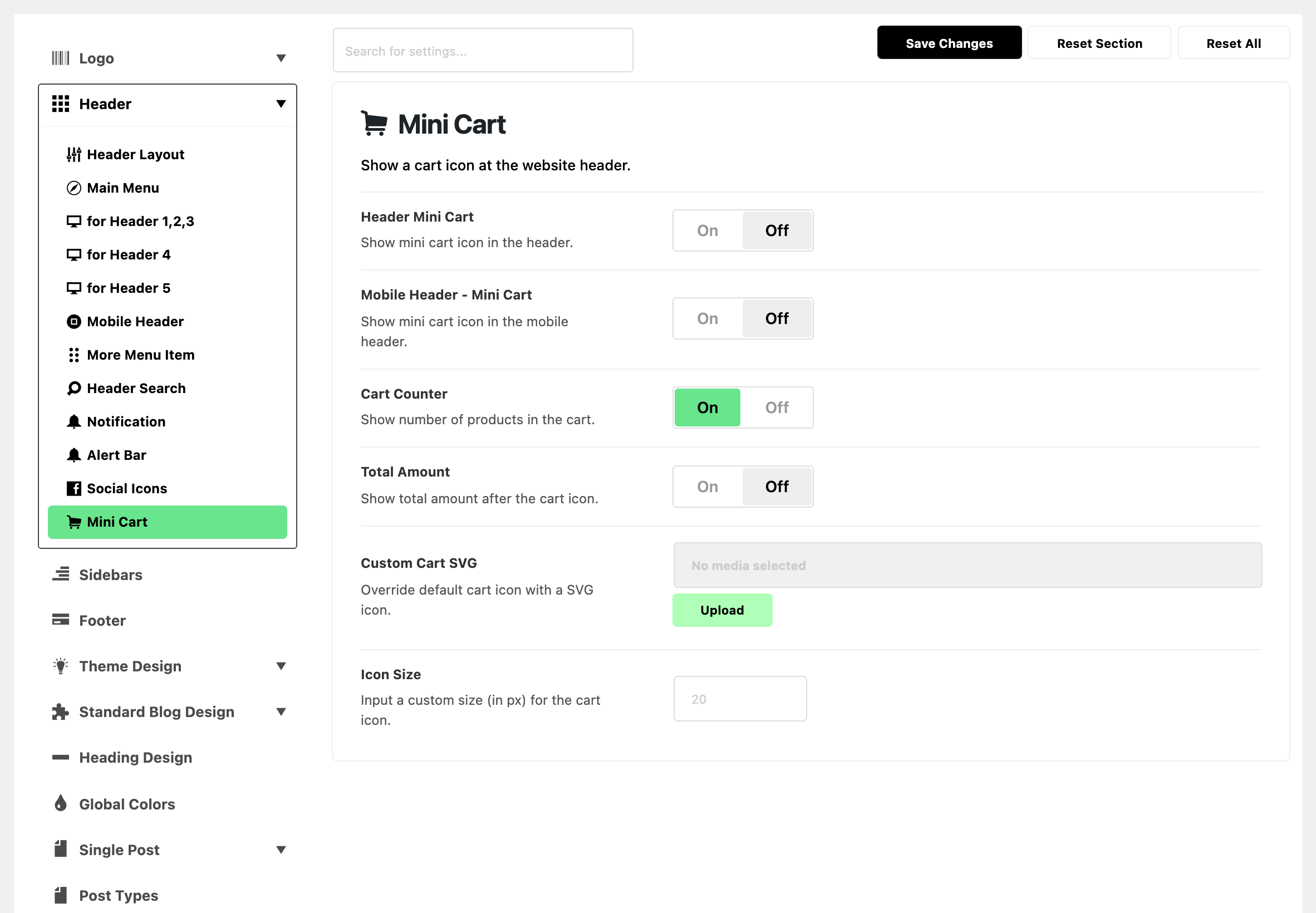 Theme Options with Header expanded in the section list and Mini Cart highlighted, beside the Mini Cart panel: on a site with WooCommerce active: Header Mini Cart off, Mobile Header - Mini Cart off, Cart Counter on, Total Amount off, Custom Cart SVG with no media selected and Icon Size blank