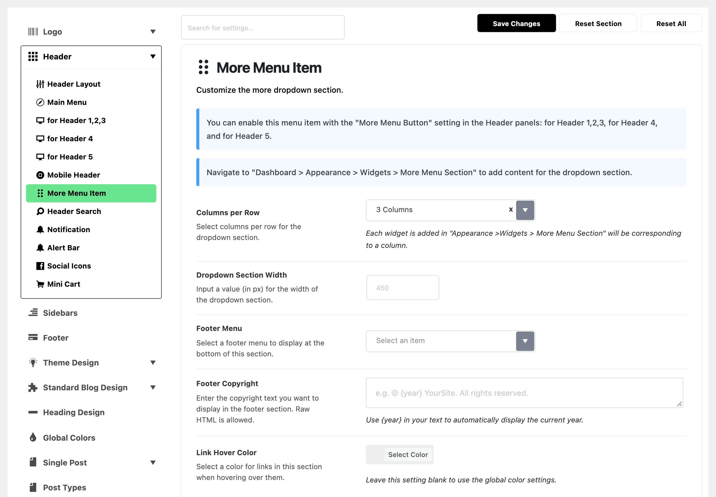 Theme Options with Header expanded in the section list and More Menu Item highlighted, beside the More Menu Item panel: its two notes, Columns per Row on 3 Columns, Dropdown Section Width blank, Footer Menu with no menu selected, Footer Copyright blank and Link Hover Color unset