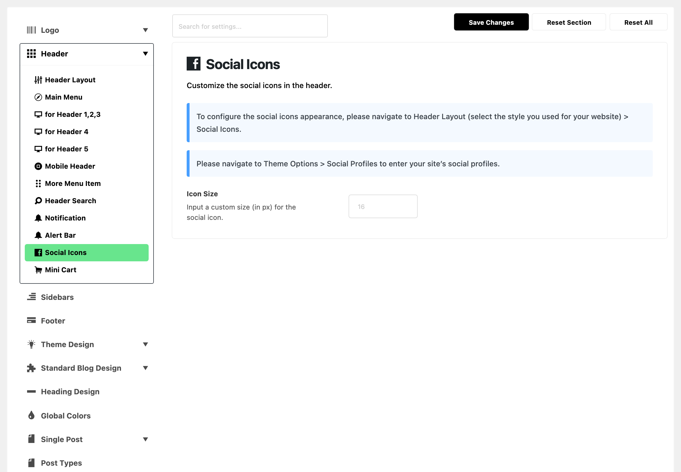 Theme Options with Header expanded in the section list and Social Icons highlighted, beside the Social Icons panel: its two notes and Icon Size blank