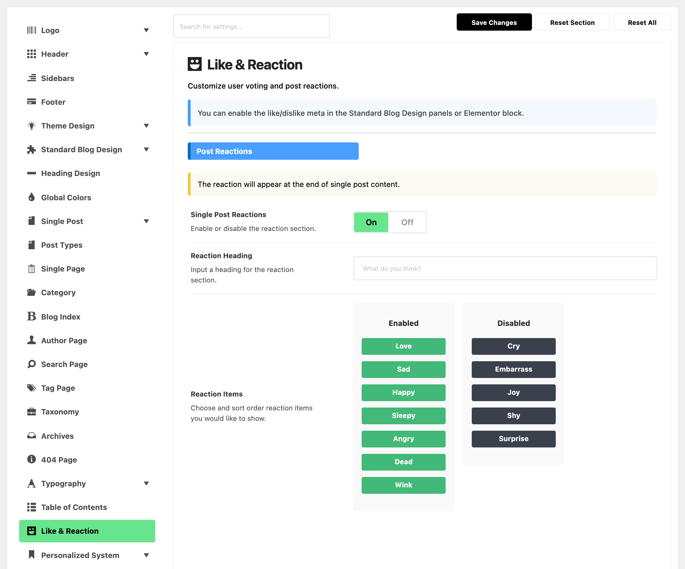 Theme Options with Like & Reaction highlighted in the section list, beside the Post Reactions group of that panel: Single Post Reactions on, Reaction Heading empty with its What do you think? placeholder, and Reaction Items with Love, Sad, Happy, Sleepy, Angry, Dead and Wink under Enabled and Cry, Embarrass, Joy, Shy and Surprise under Disabled