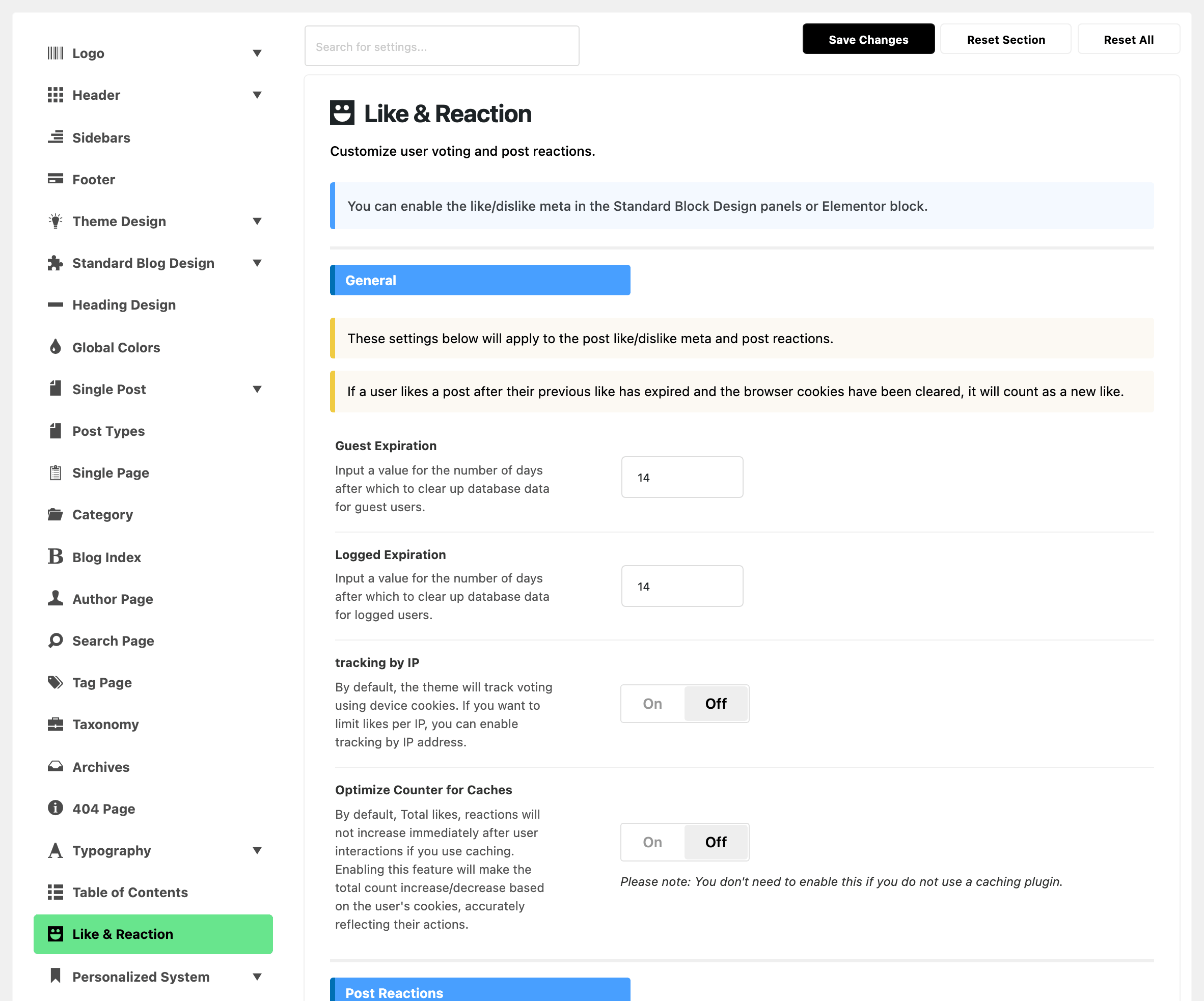 Theme Options with Like & Reaction highlighted in the section list, beside the Like & Reaction panel: the General group with Guest Expiration and Logged Expiration at 14 and tracking by IP and Optimize Counter for Caches off, with the Post Reactions group starting below
