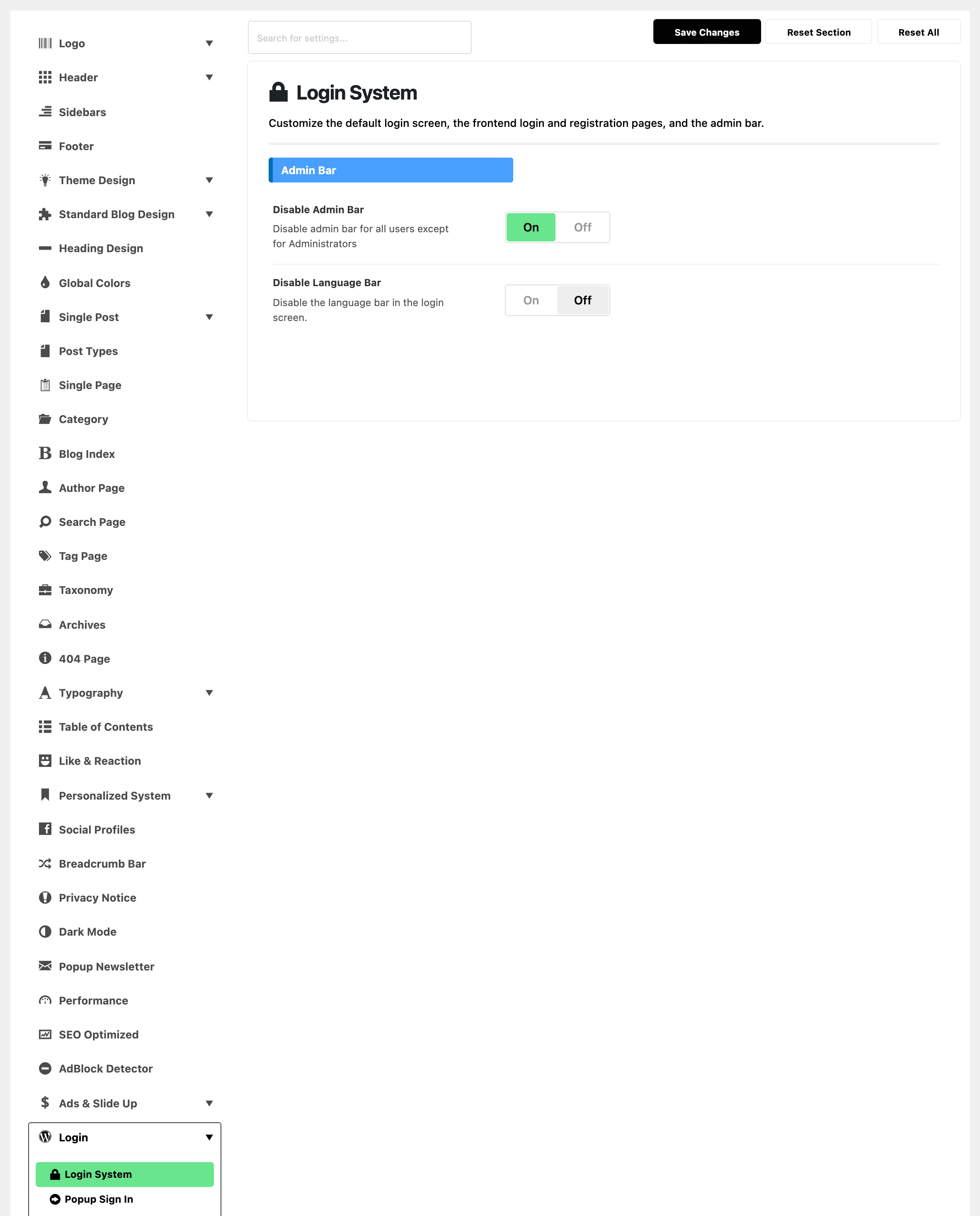 Theme Options with Login System highlighted, beside the Admin Bar group: Disable Admin Bar on and Disable Language Bar off