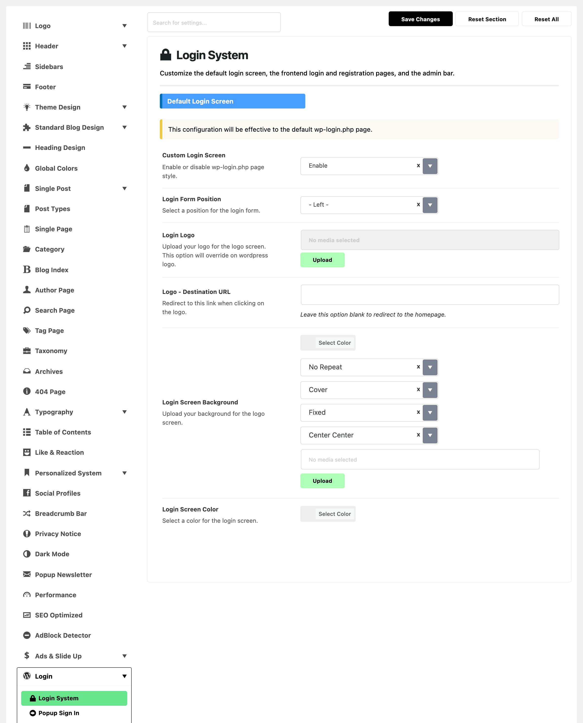Theme Options with Login System highlighted, beside the Default Login Screen group with Custom Login Screen on Enable and the five fields it reveals: Login Form Position on - Left -, Login Logo and Logo - Destination URL empty, Login Screen Background with no image on No Repeat, Cover, Fixed and Center Center, and Login Screen Color empty