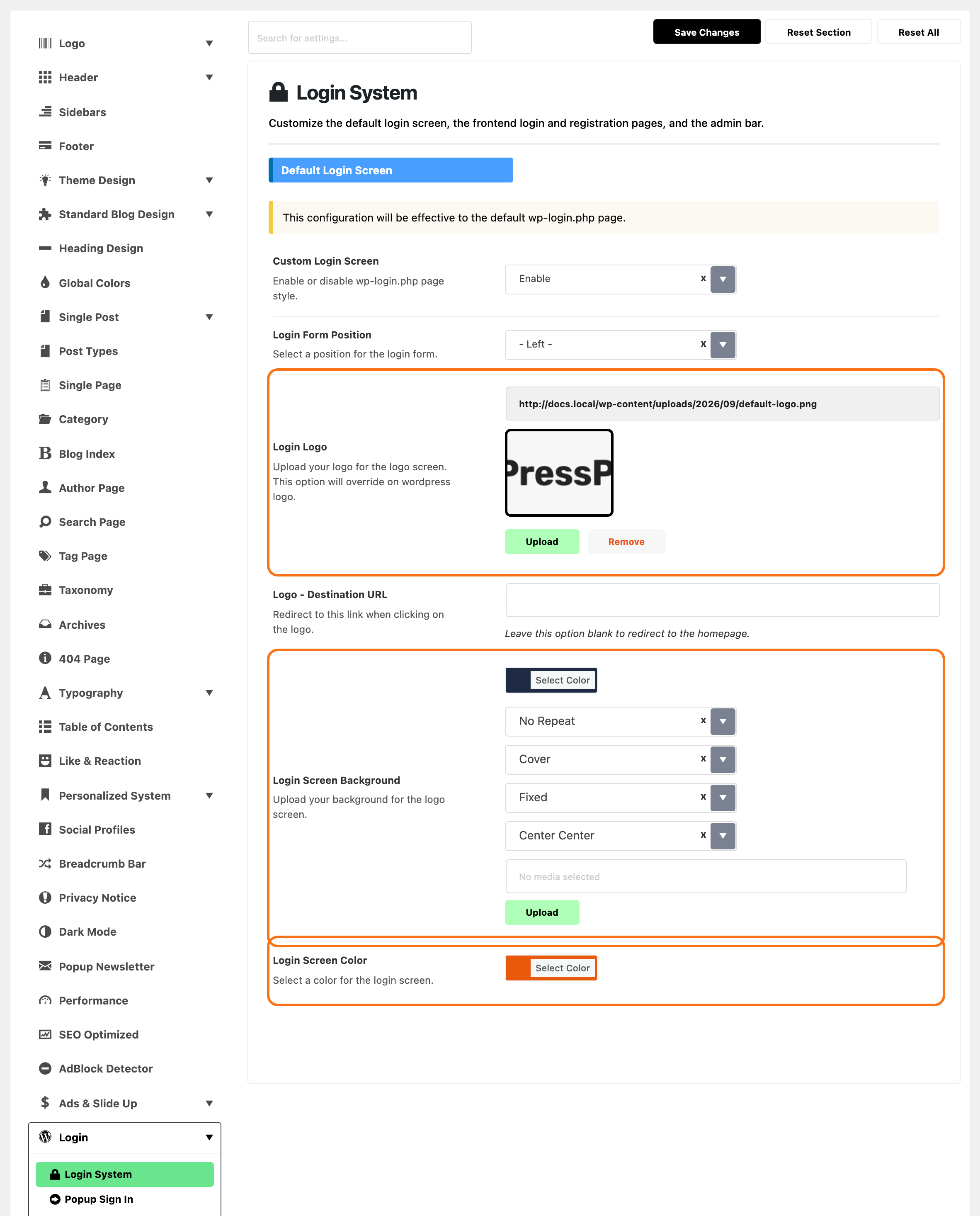 Theme Options with Login > Login System highlighted, beside the Default Login Screen group filled in: Custom Login Screen on Enable, Login Form Position on - Left -, the PressPulse logo in Login Logo, Login Screen Background on a dark blue colour, and an orange Login Screen Color, the three filled rows outlined in orange