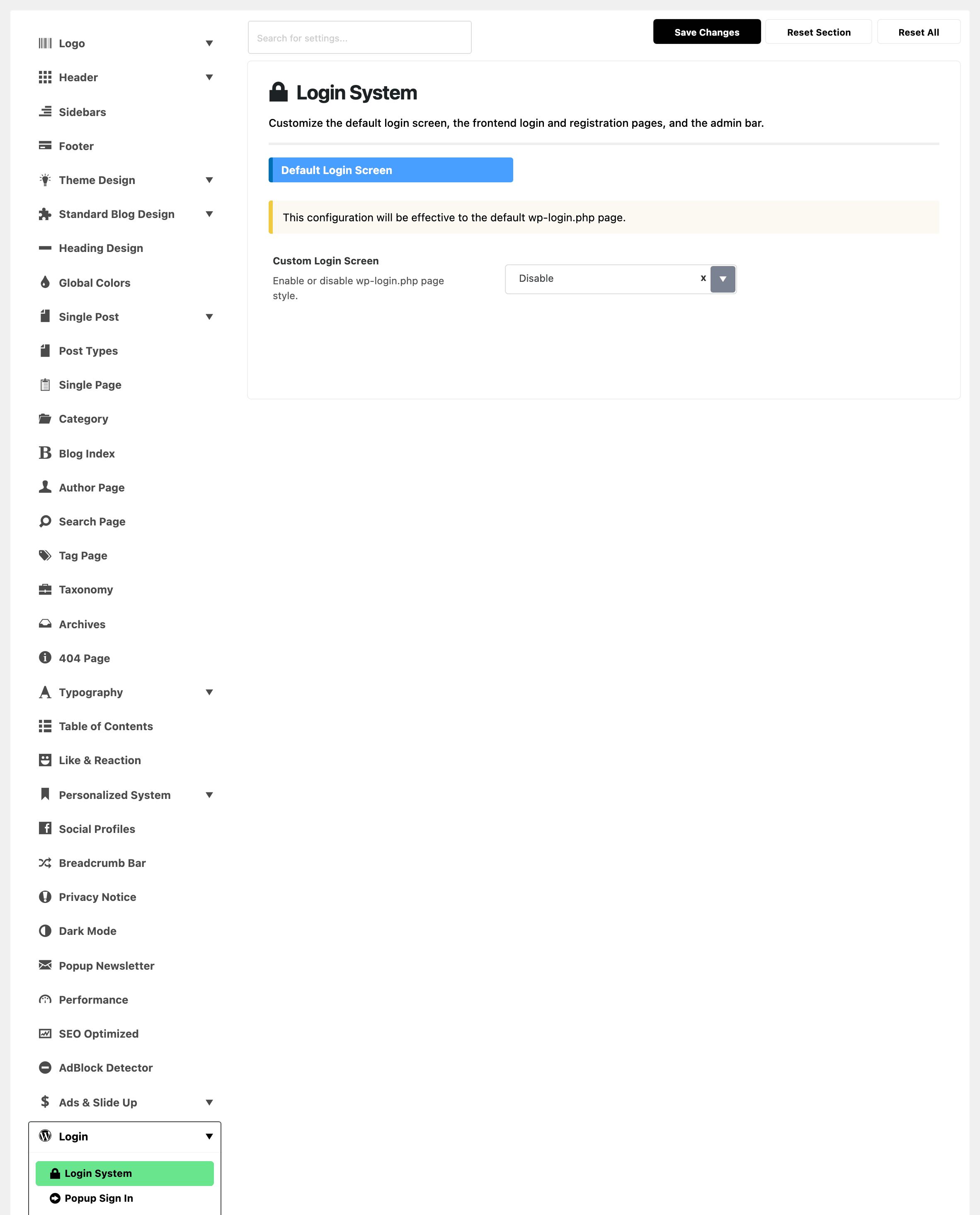 Theme Options with Login expanded in the section list and Login System highlighted, beside the Default Login Screen group: the note that it affects wp-login.php, and Custom Login Screen on Disable
