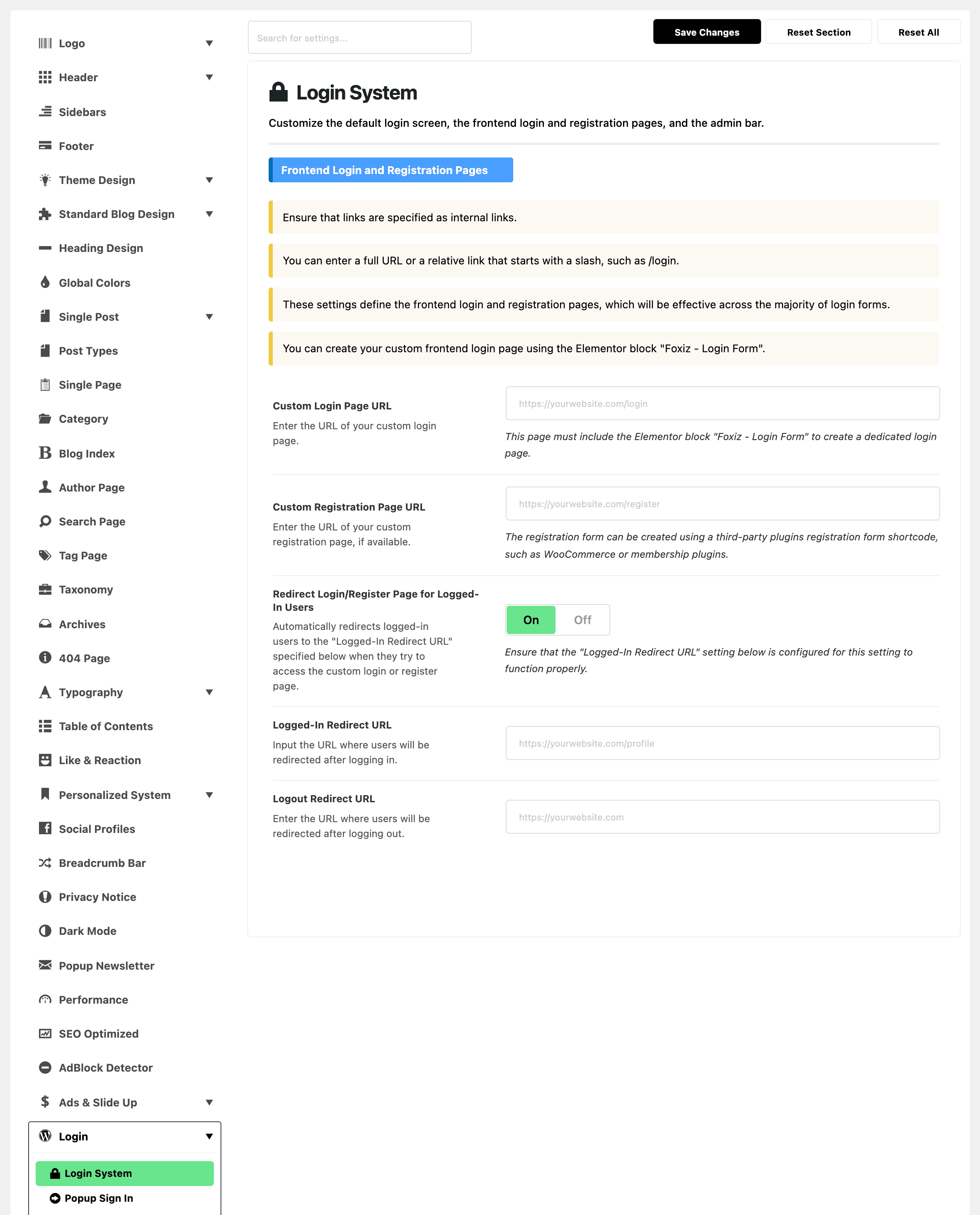 Theme Options with Login System highlighted, beside the Frontend Login and Registration Pages group: four notices, Custom Login Page URL and Custom Registration Page URL empty, Redirect Login/Register Page for Logged-In Users on, and Logged-In Redirect URL and Logout Redirect URL empty