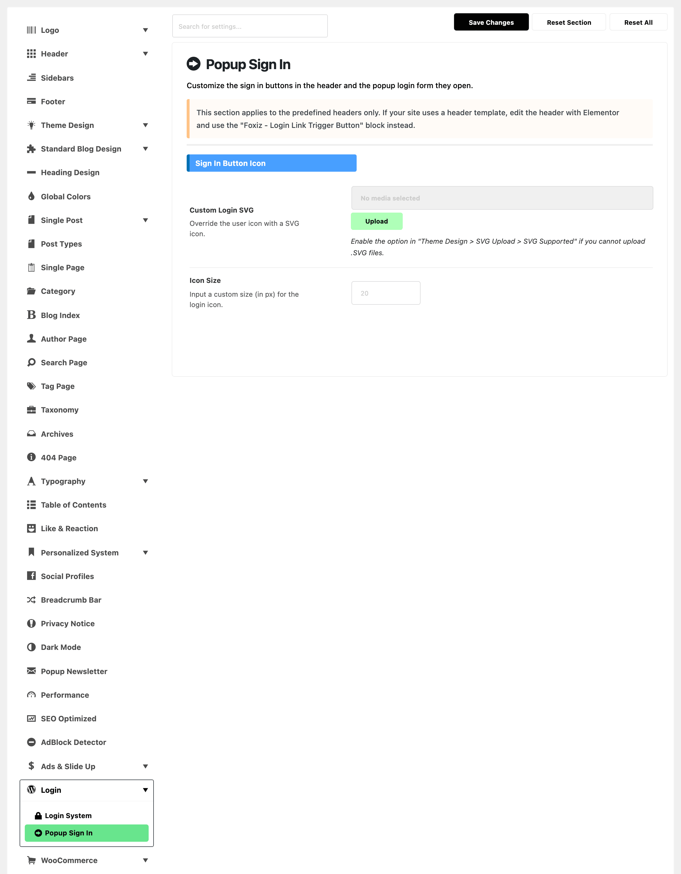Theme Options with Popup Sign In highlighted, beside the Sign In Button Icon group: Custom Login SVG empty, with the hint about SVG Supported, and Icon Size empty