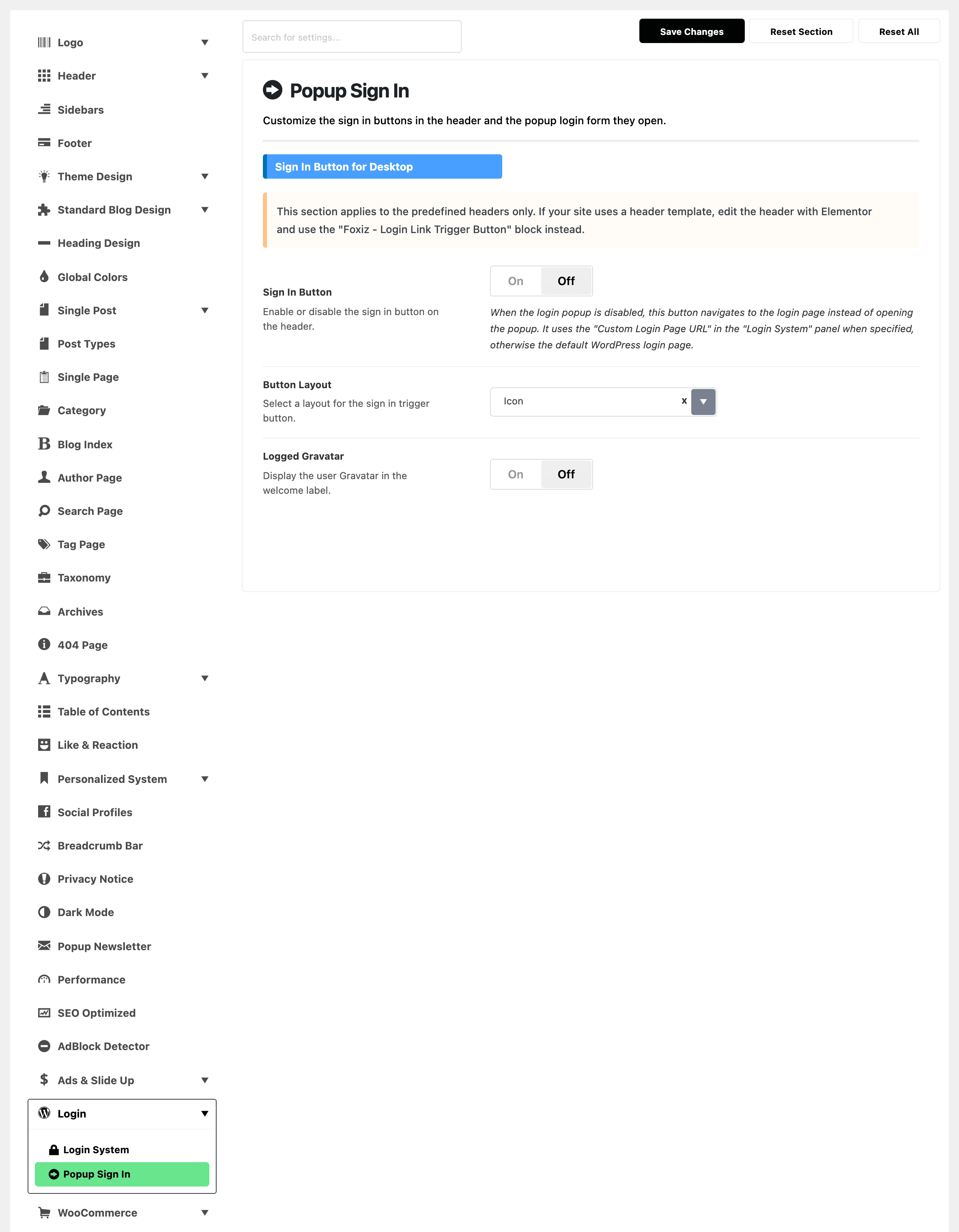 Theme Options with Login expanded in the section list and Popup Sign In highlighted, beside the Sign In Button for Desktop group: the note about header templates, Sign In Button off, Button Layout on Icon and Logged Gravatar off