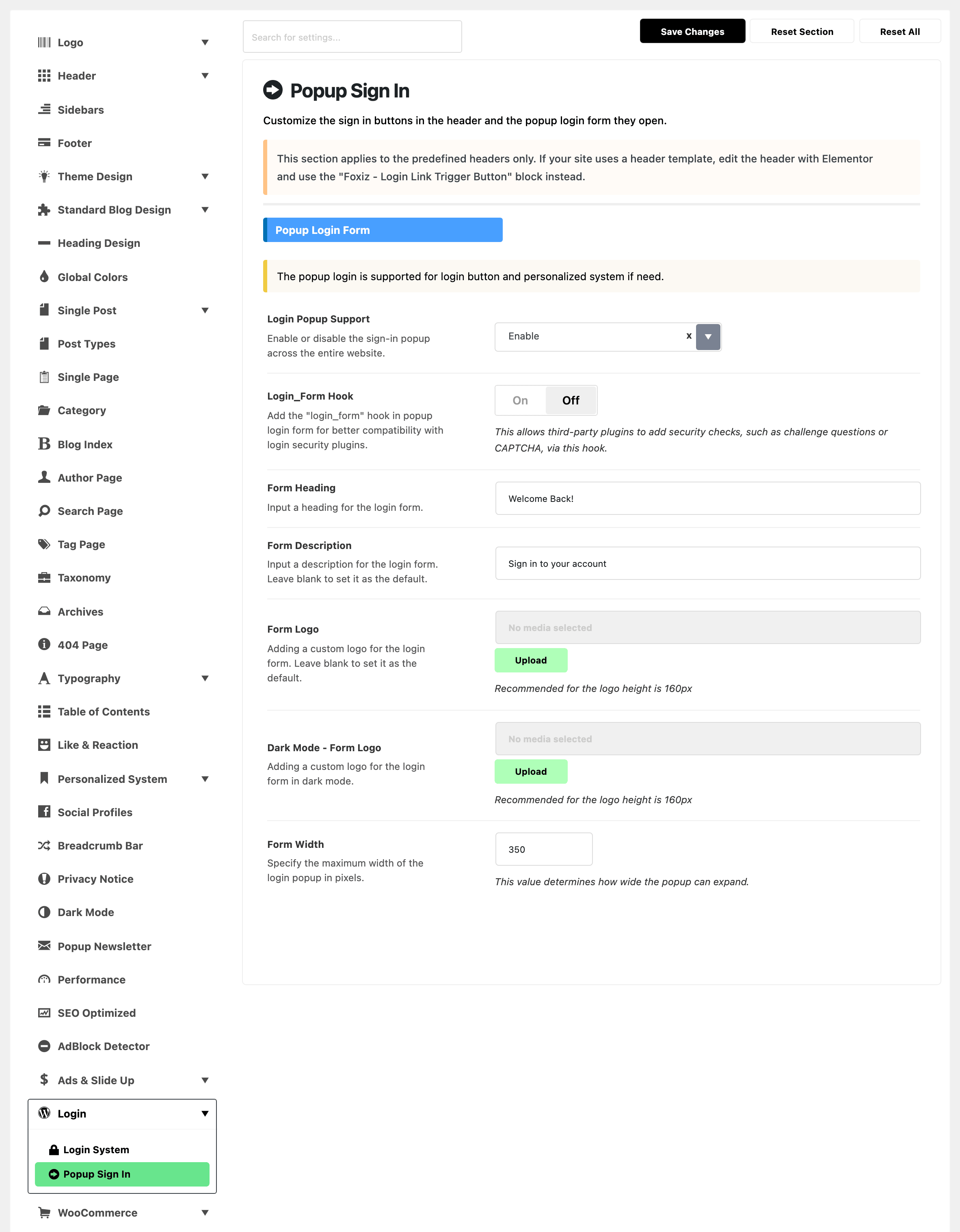 Theme Options with Popup Sign In highlighted, beside the Popup Login Form group: Login Popup Support on Enable, Login_Form Hook off, Form Heading Welcome Back!, Form Description Sign in to your account, Form Logo and Dark Mode - Form Logo empty, and Form Width 350