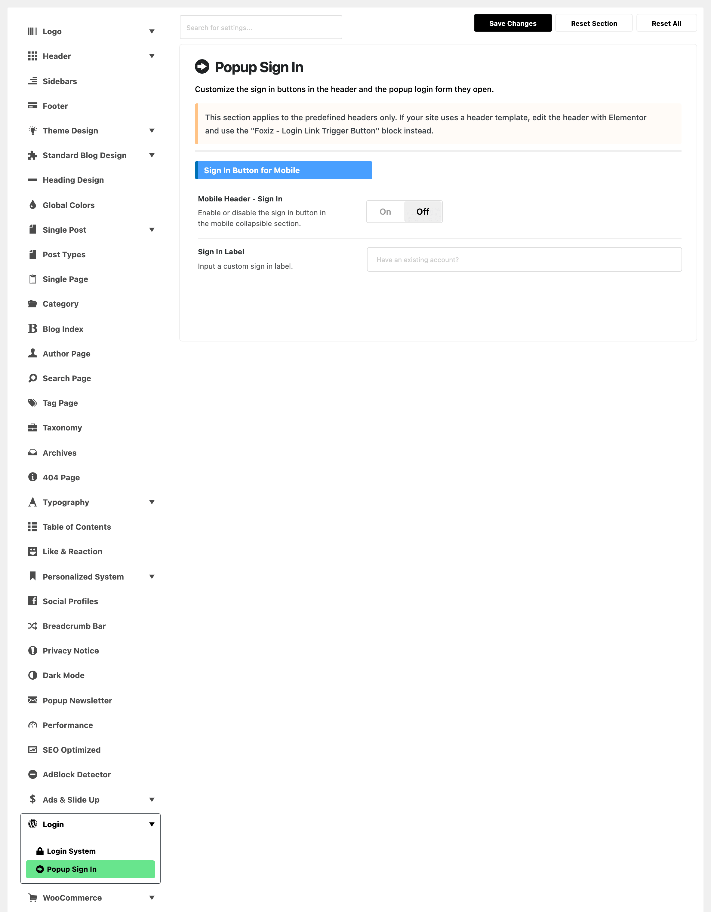 Theme Options with Popup Sign In highlighted, beside the Sign In Button for Mobile group: Mobile Header - Sign In off and Sign In Label empty, with Have an existing account? as its placeholder