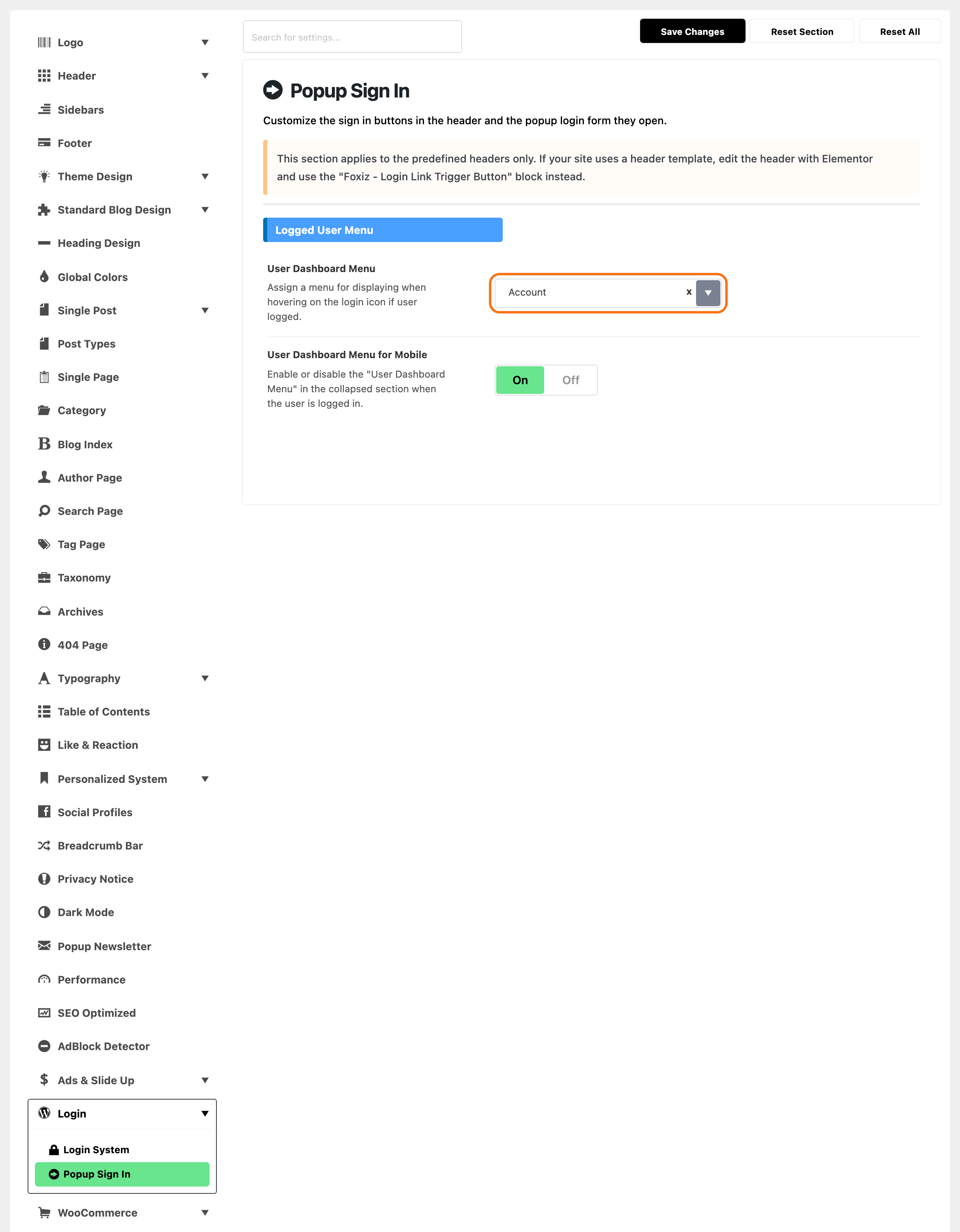 Theme Options with Login > Popup Sign In highlighted, beside the Logged User Menu group: User Dashboard Menu set to Account, outlined in orange, and User Dashboard Menu for Mobile on