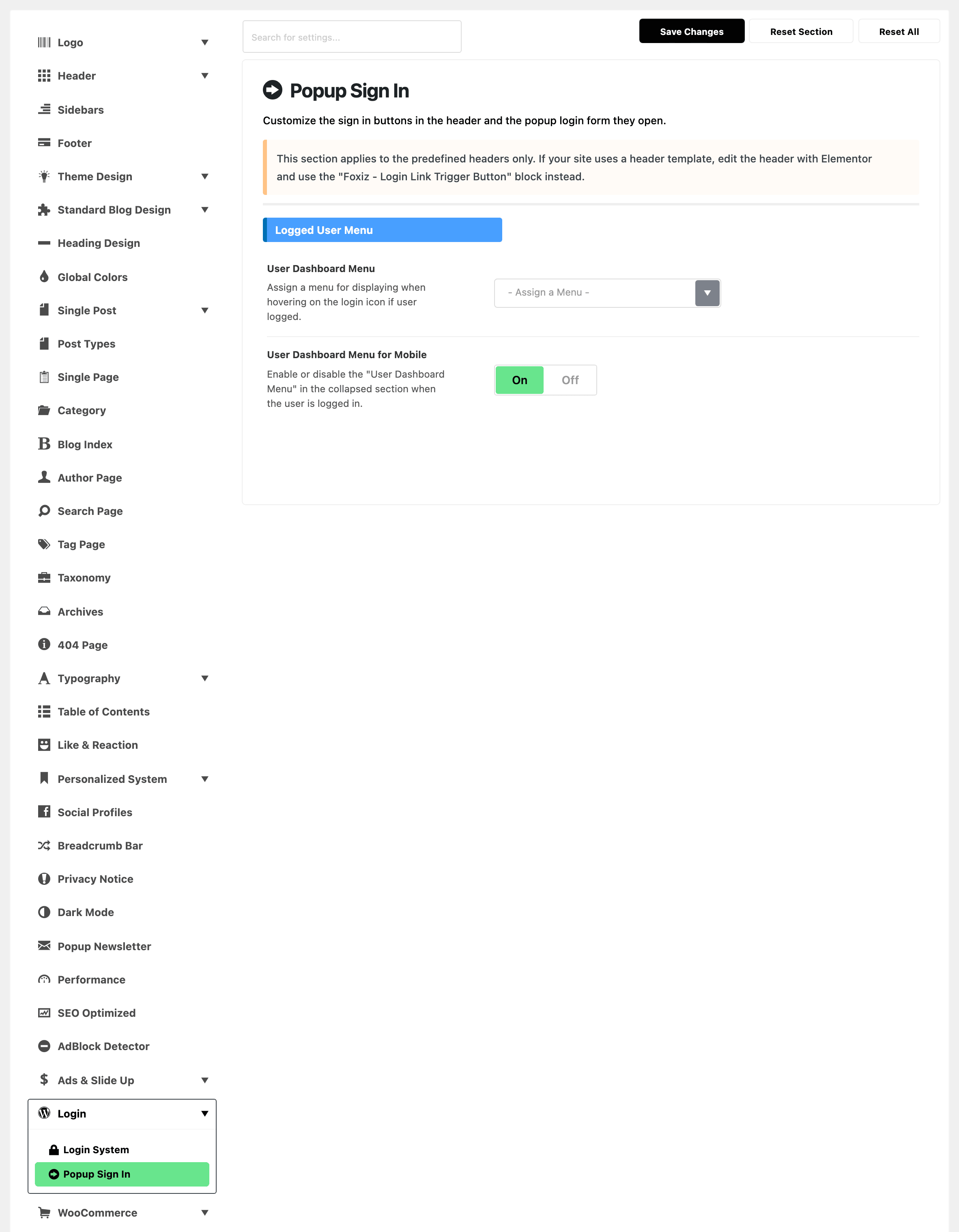 Theme Options with Popup Sign In highlighted, beside the Logged User Menu group: User Dashboard Menu on - Assign a Menu - and User Dashboard Menu for Mobile on
