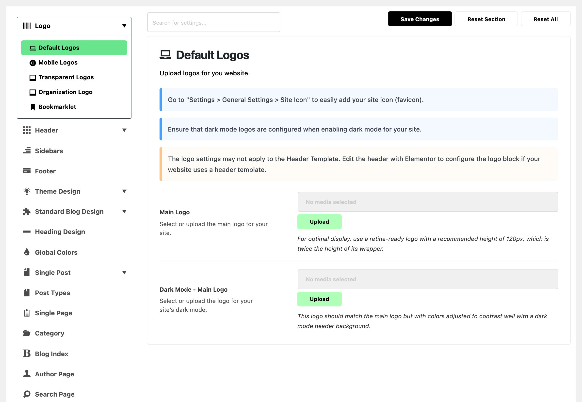 Theme Options with Logo expanded in the section list and Default Logos highlighted, beside the Default Logos panel: its three notes (site icon, dark mode logos, header template), then Main Logo and Dark Mode - Main Logo, both with no media selected