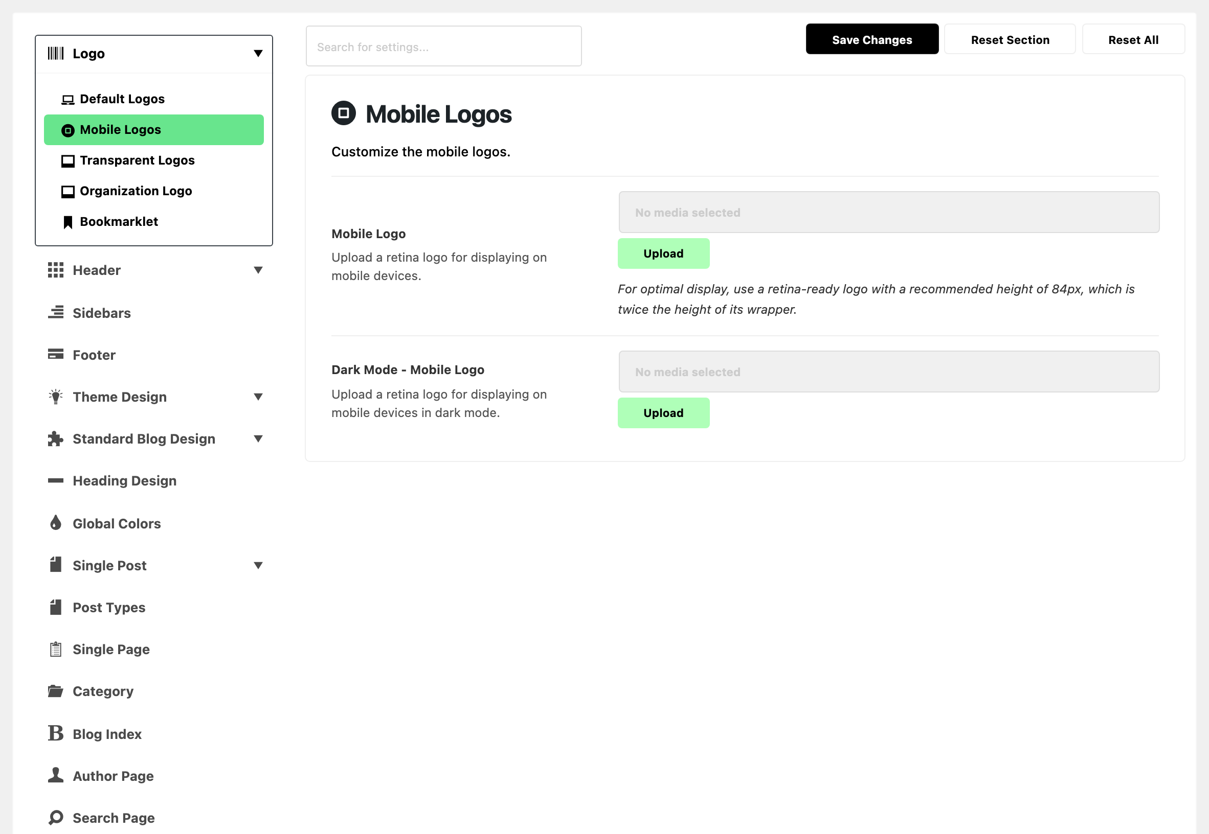 Theme Options with Logo expanded in the section list and Mobile Logos highlighted, beside the Mobile Logos panel: Mobile Logo and Dark Mode - Mobile Logo, both with no media selected