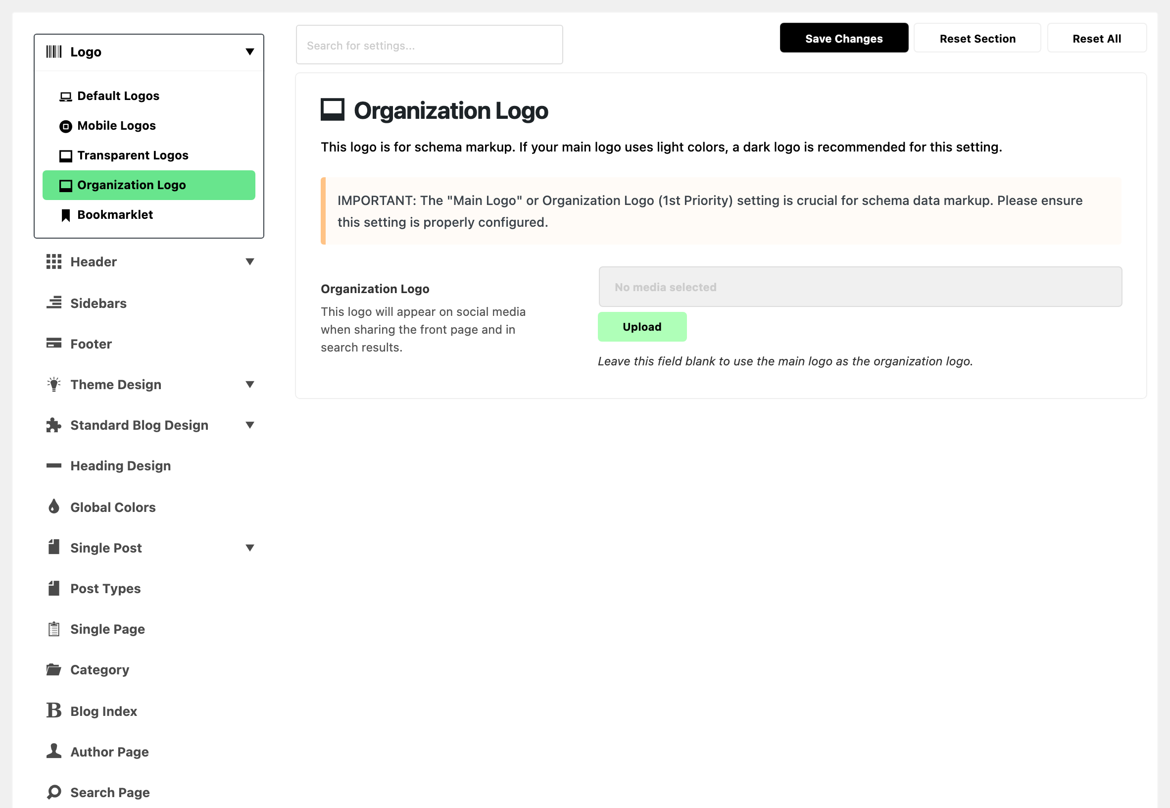 Theme Options with Logo expanded in the section list and Organization Logo highlighted, beside the Organization Logo panel: the schema markup note, then Organization Logo with no media selected
