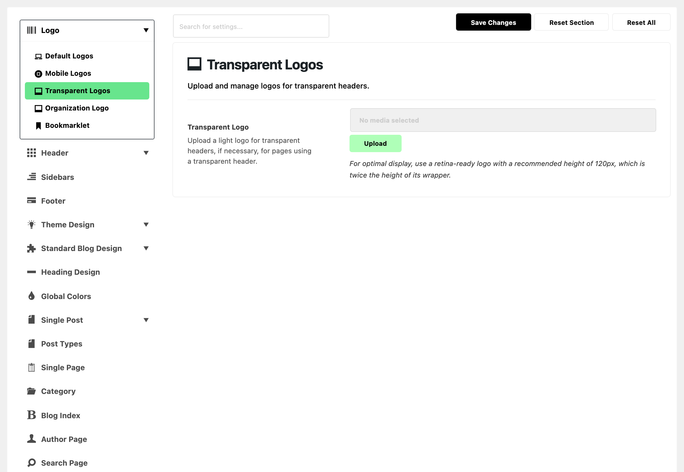 Theme Options with Logo expanded in the section list and Transparent Logos highlighted, beside the Transparent Logos panel: Transparent Logo with no media selected