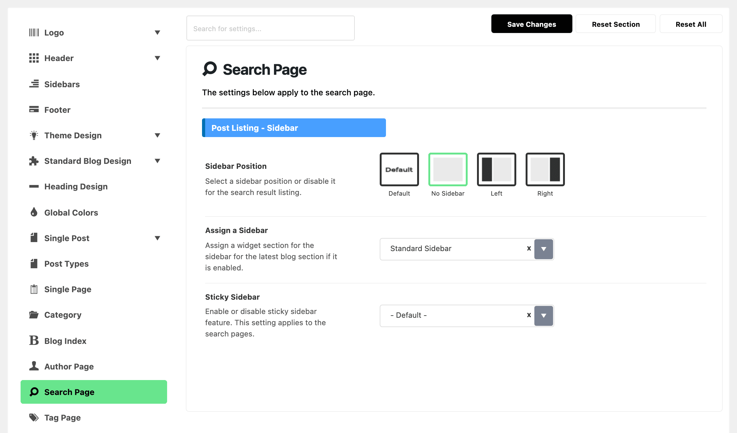Theme Options with Search Page highlighted in the section list, beside the Post Listing - Sidebar group of the Search Page panel: Sidebar Position on No Sidebar, Assign a Sidebar on Standard Sidebar and Sticky Sidebar on - Default -