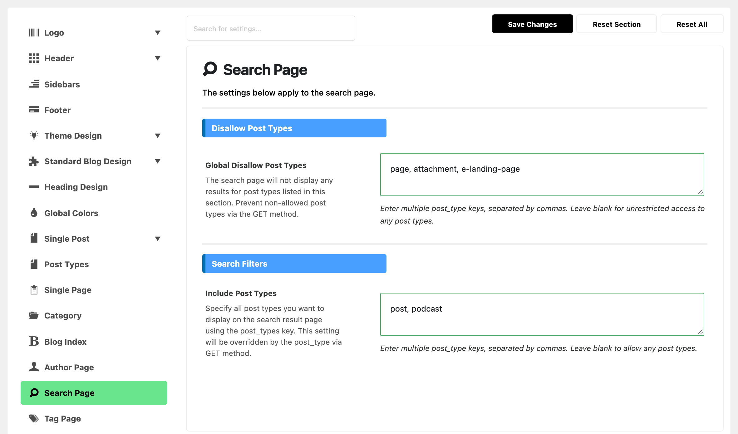 Theme Options with Search Page highlighted in the section list, beside the Disallow Post Types and Search Filters groups: Global Disallow Post Types holding page, attachment, e-landing-page and Include Post Types holding post, podcast
