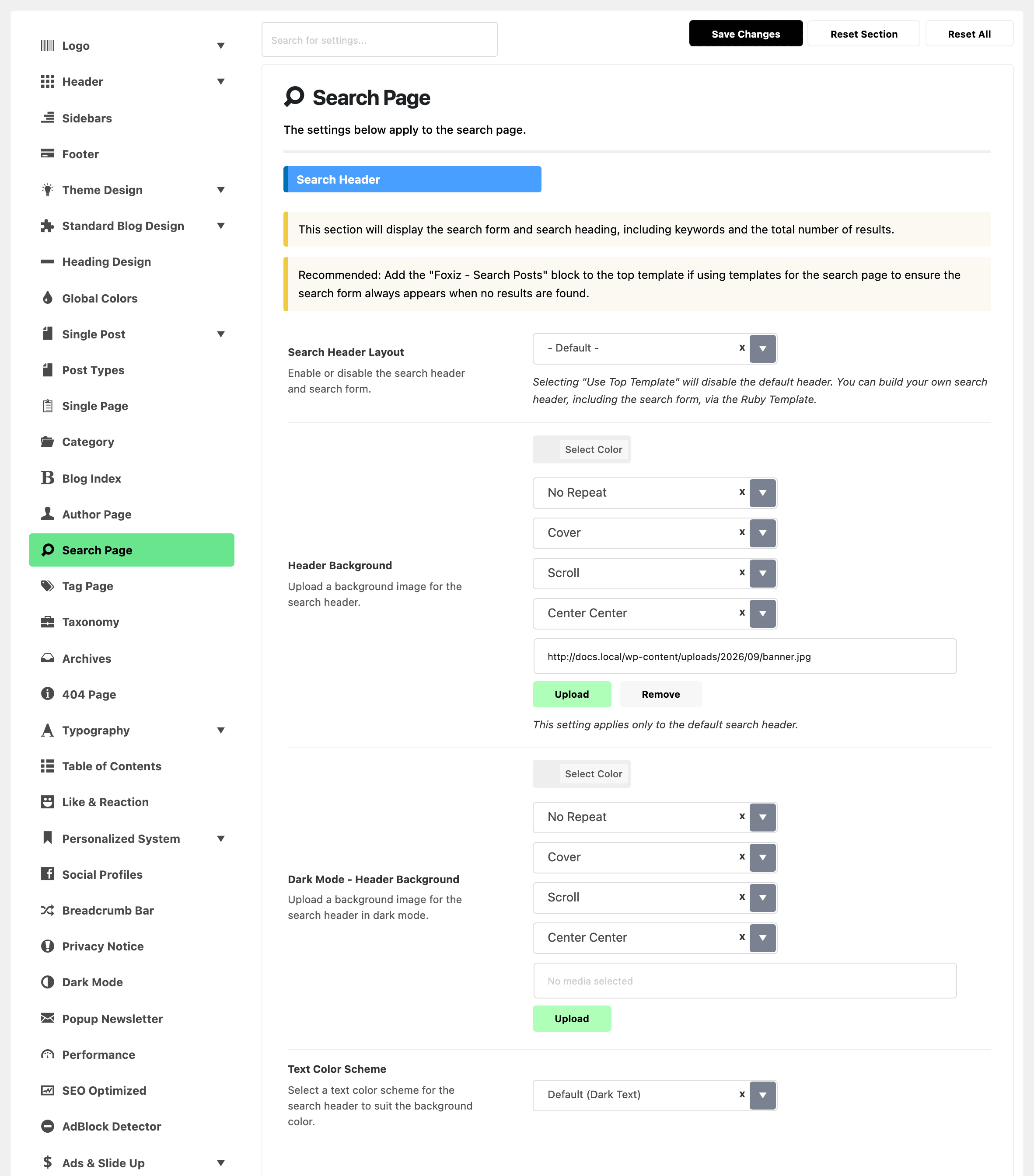 Theme Options with Search Page highlighted in the section list, beside the Search Header group: two notes, Search Header Layout on - Default -, Header Background and Dark Mode - Header Background with no image, and Text Color Scheme on Default (Dark Text)