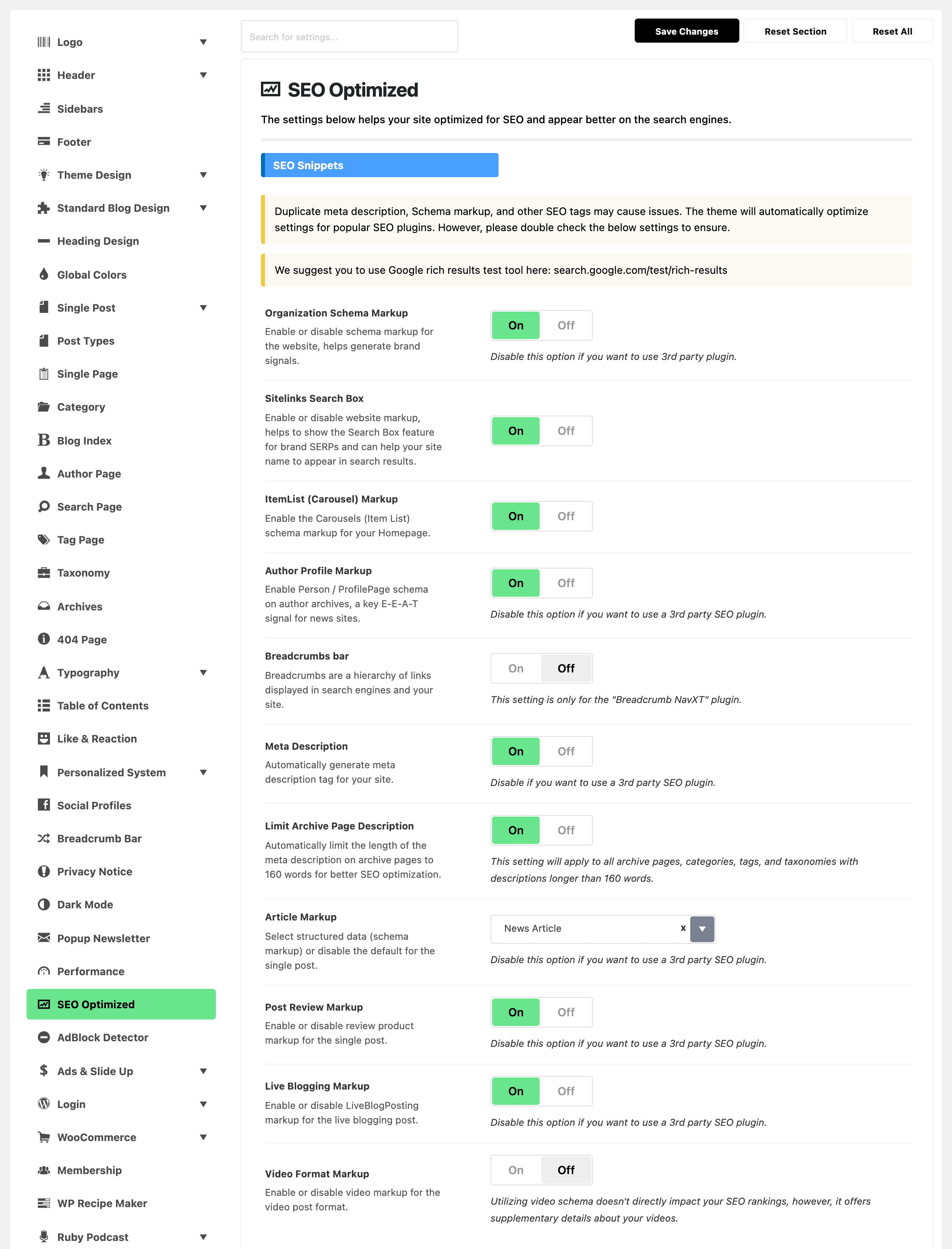 Theme Options with SEO Optimized highlighted in the section list, beside the SEO Snippets group of that panel: its two notes, then the markup switches, all on except Breadcrumbs bar and Video Format Markup, with Article Markup set to News Article