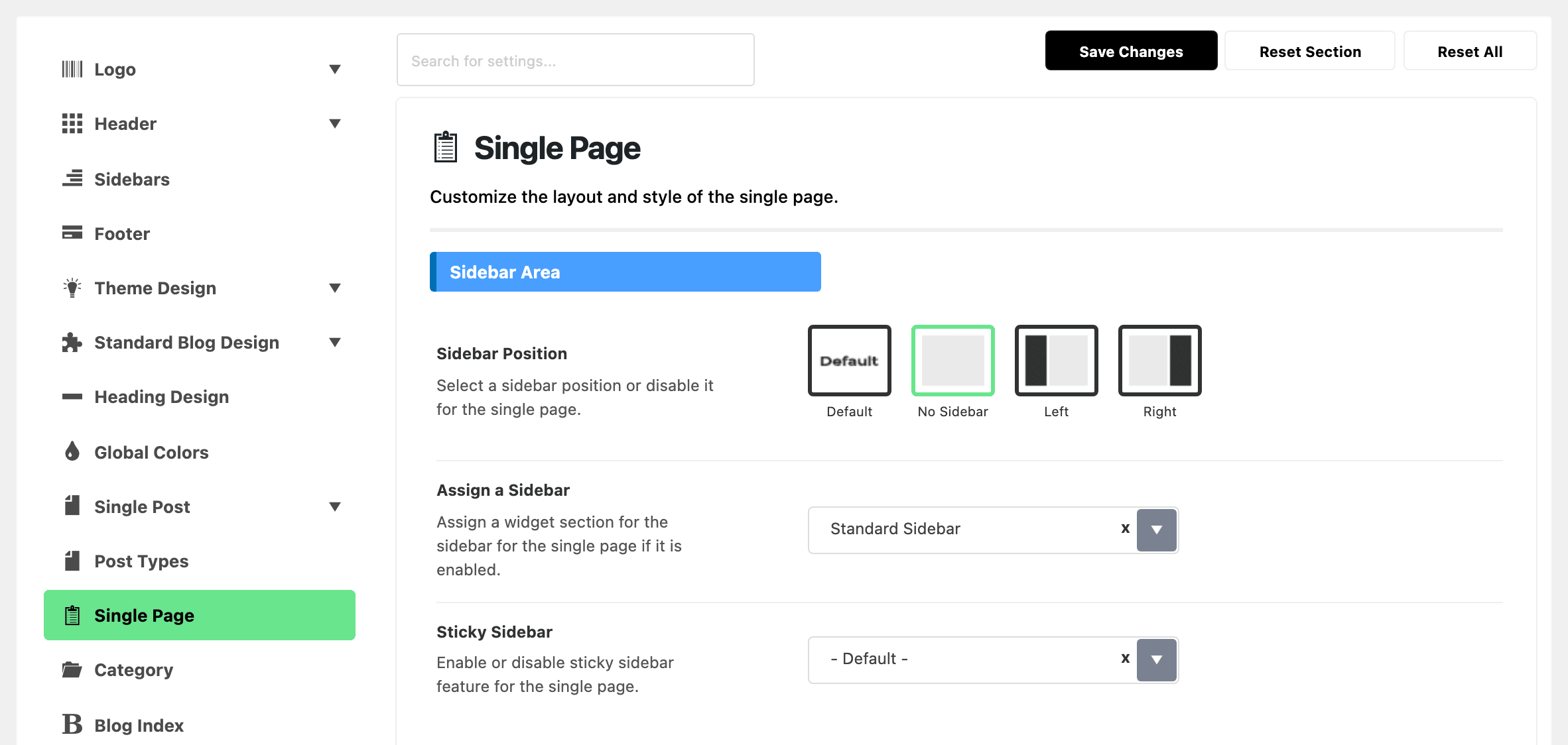 Theme Options with Single Page highlighted in the section list, beside the Sidebar Area group of the Single Page panel: Sidebar Position on No Sidebar, Assign a Sidebar on Standard Sidebar and Sticky Sidebar on - Default -