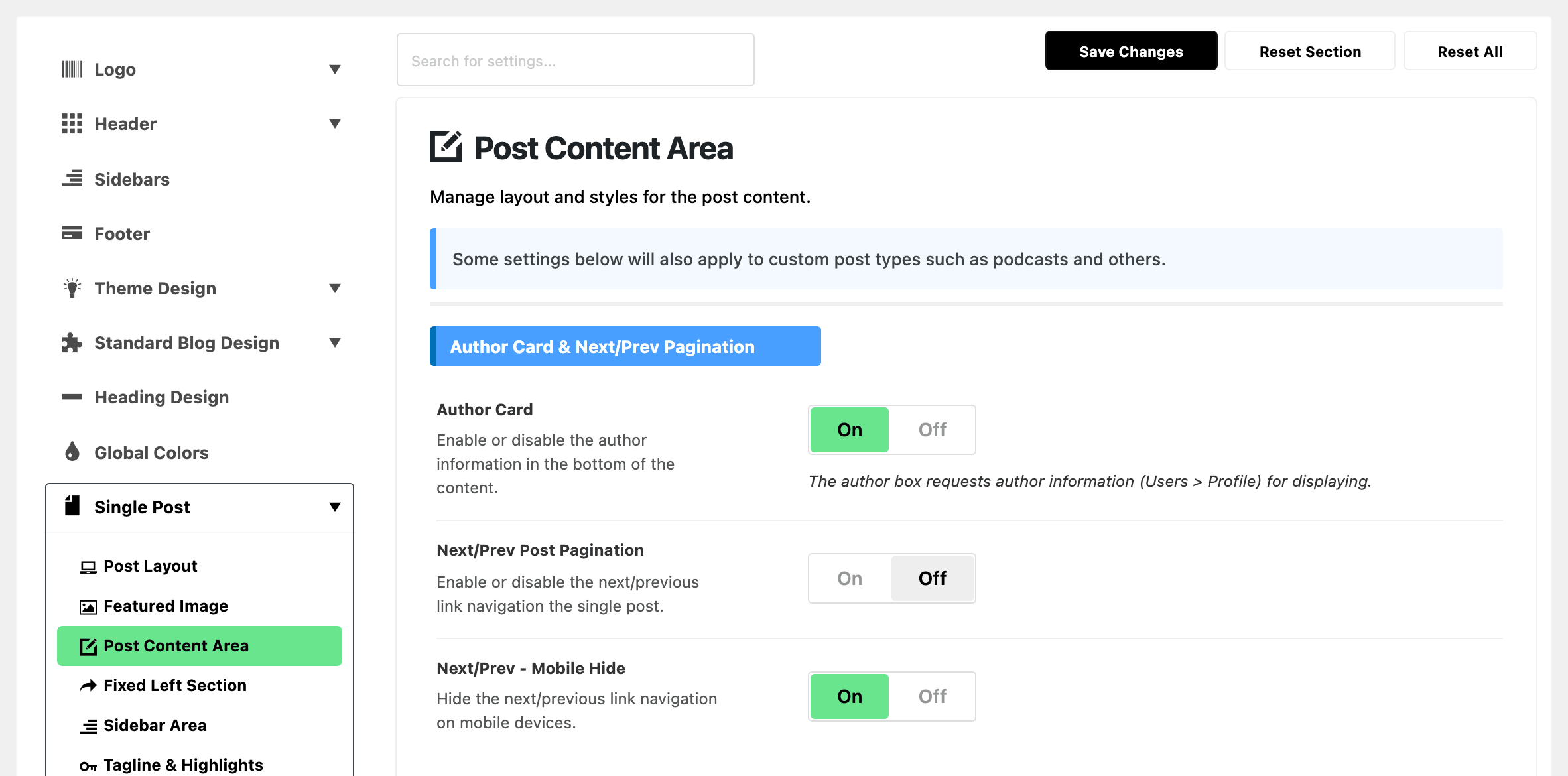Theme Options with Single Post expanded in the section list and Post Content Area highlighted, beside the Author Card & Next/Prev Pagination group: Author Card on, Next/Prev Post Pagination off and Next/Prev - Mobile Hide on