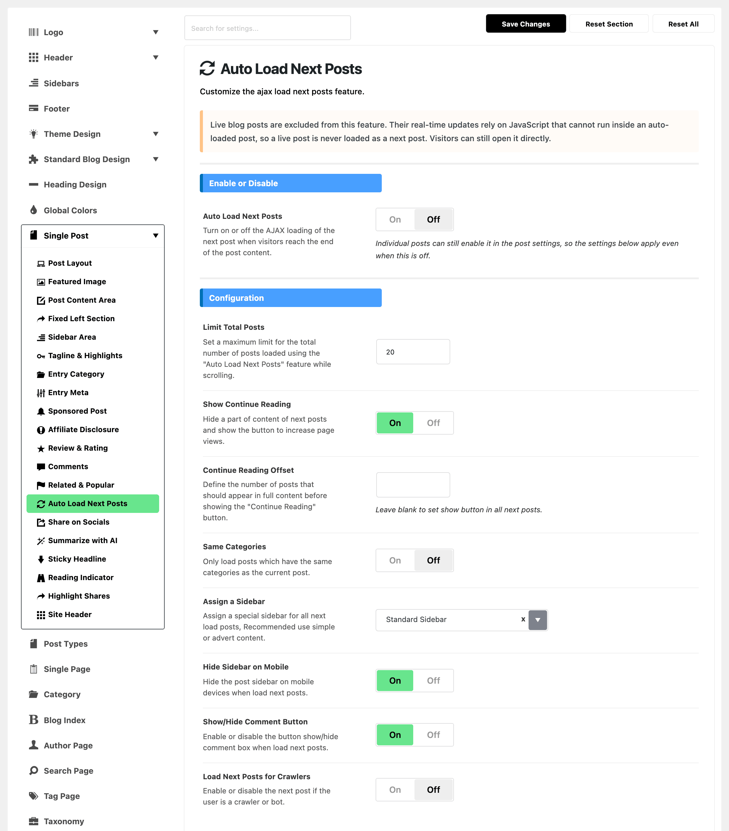 Theme Options with Single Post expanded in the section list and Auto Load Next Posts highlighted, beside that subsection whole: the Enable or Disable group with Auto Load Next Posts off, and the Configuration group with Limit Total Posts at 20, Show Continue Reading on, Continue Reading Offset empty, Same Categories off, Assign a Sidebar, Hide Sidebar on Mobile on, Show/Hide Comment Button on and Load Next Posts for Crawlers off