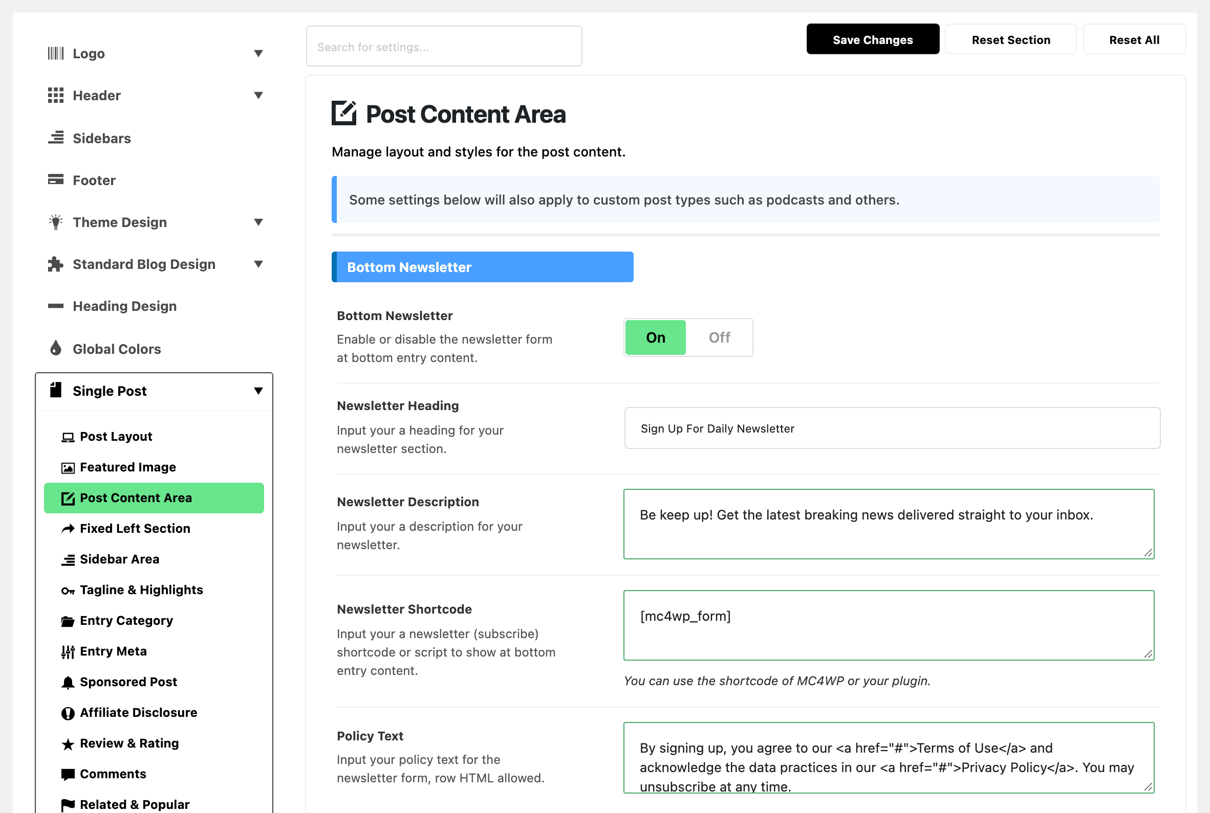 Theme Options with Single Post expanded in the section list and Post Content Area highlighted, beside the Bottom Newsletter group of that panel: Bottom Newsletter on, Newsletter Heading Sign Up For Daily Newsletter, the default Newsletter Description, Newsletter Shortcode [mc4wp_form] and the Policy Text with its Terms of Use and Privacy Policy links