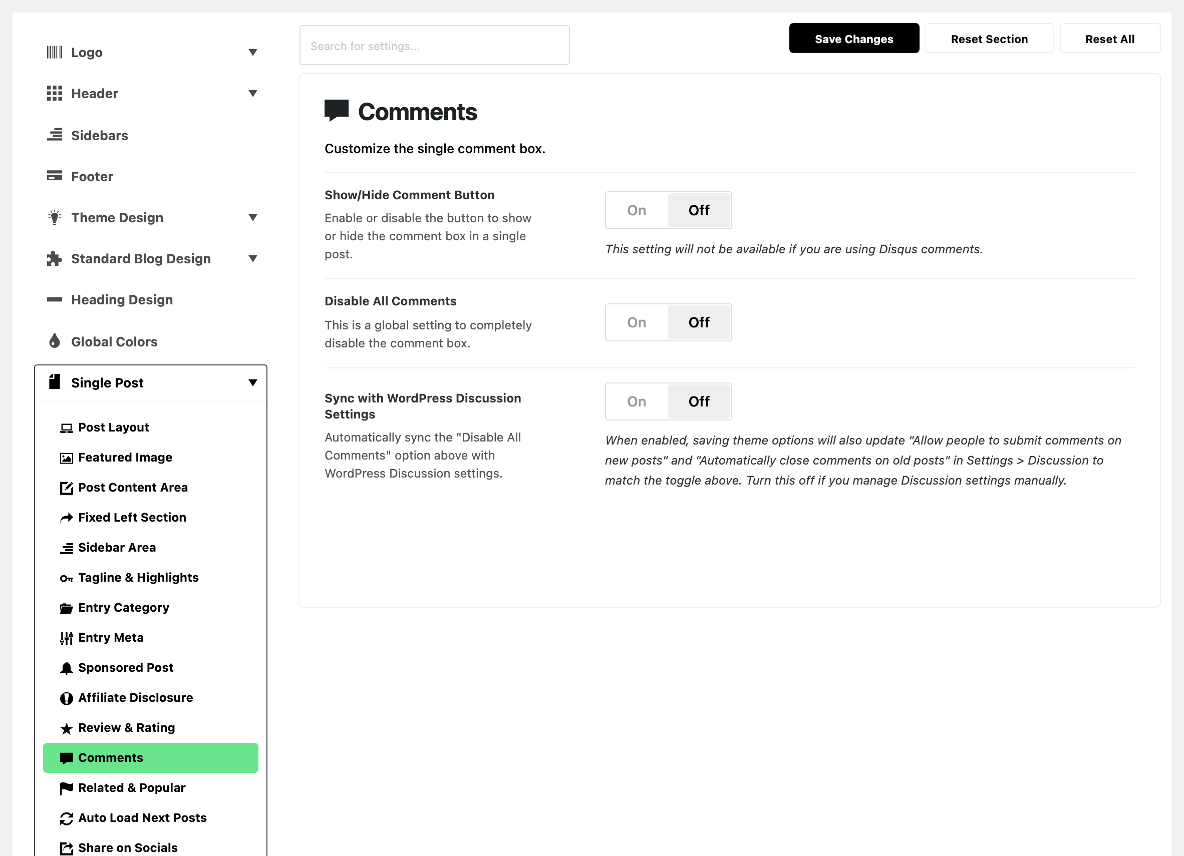 Theme Options with Single Post expanded in the section list and Comments highlighted, beside the Comments subsection: Show/Hide Comment Button, Disable All Comments and Sync with WordPress Discussion Settings, all three off