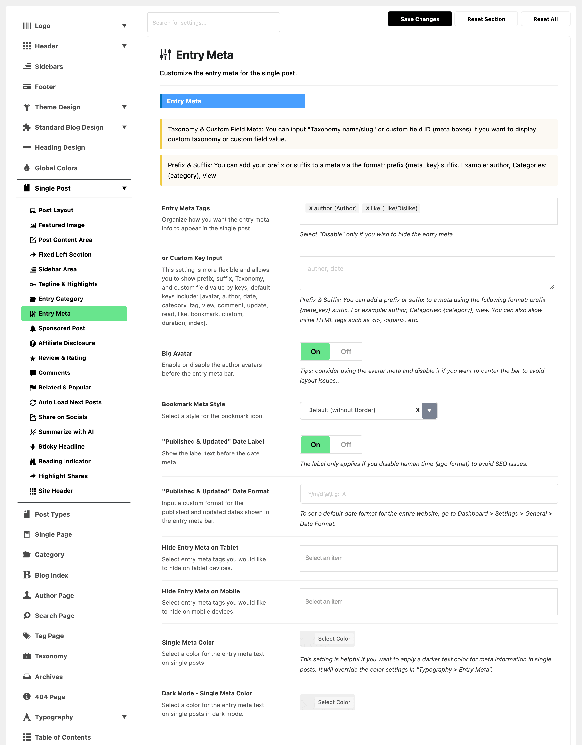 Theme Options with Single Post expanded in the section list and Entry Meta highlighted, beside the whole Entry Meta group, with author (Author) and like (Like/Dislike) in Entry Meta Tags and or Custom Key Input empty below it