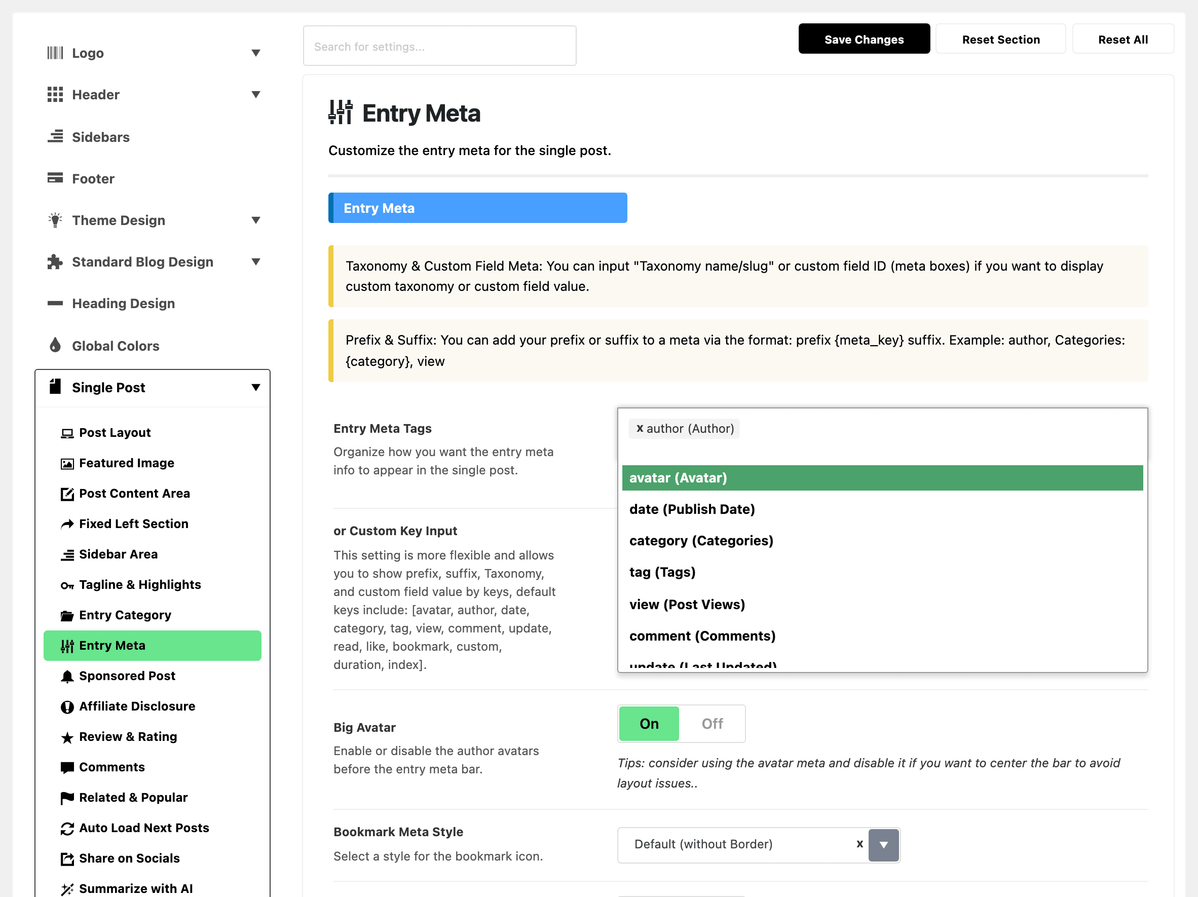 Theme Options with Single Post expanded in the section list and Entry Meta highlighted, beside the Entry Meta group with the Entry Meta Tags field clicked open: author (Author) already chosen, and the list offering the other tags below it