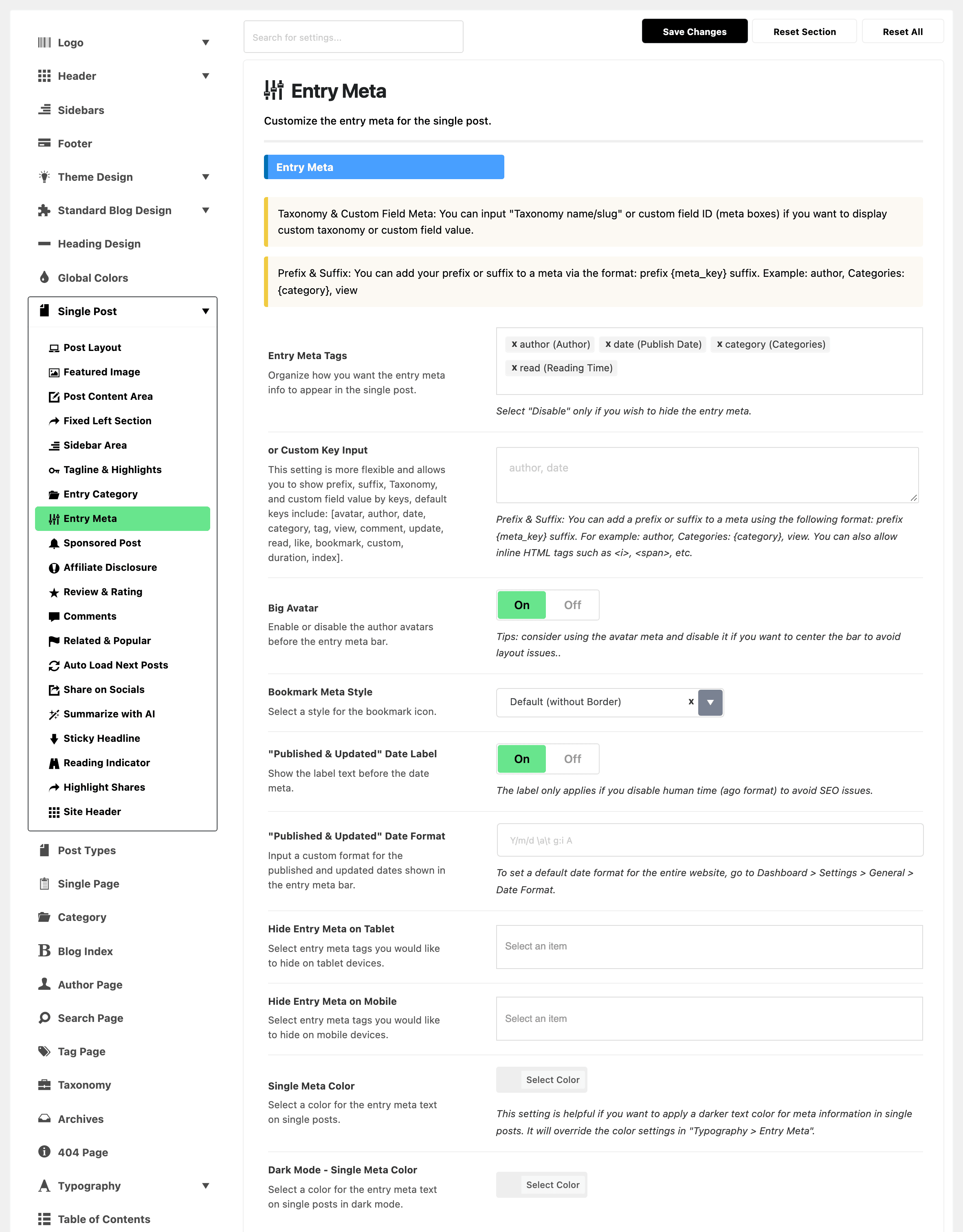Theme Options with Single Post expanded in the section list and Entry Meta highlighted, beside the whole Entry Meta group, with author (Author), date (Publish Date), category (Categories) and read (Reading Time) selected in Entry Meta Tags