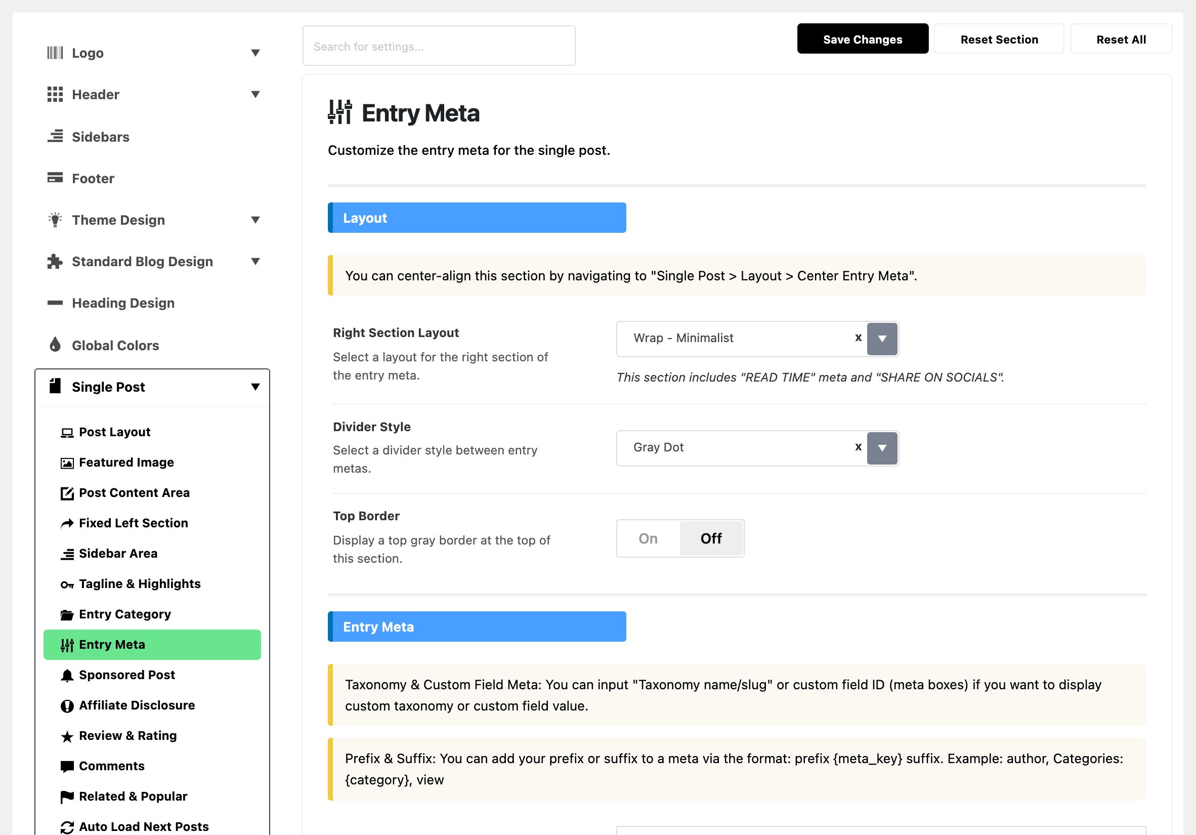 Theme Options with Single Post expanded in the section list and Entry Meta highlighted, beside the Entry Meta panel: the Layout group with Right Section Layout on Wrap - Minimalist, Divider Style on Gray Dot and Top Border off, then the notes that open the Entry Meta group