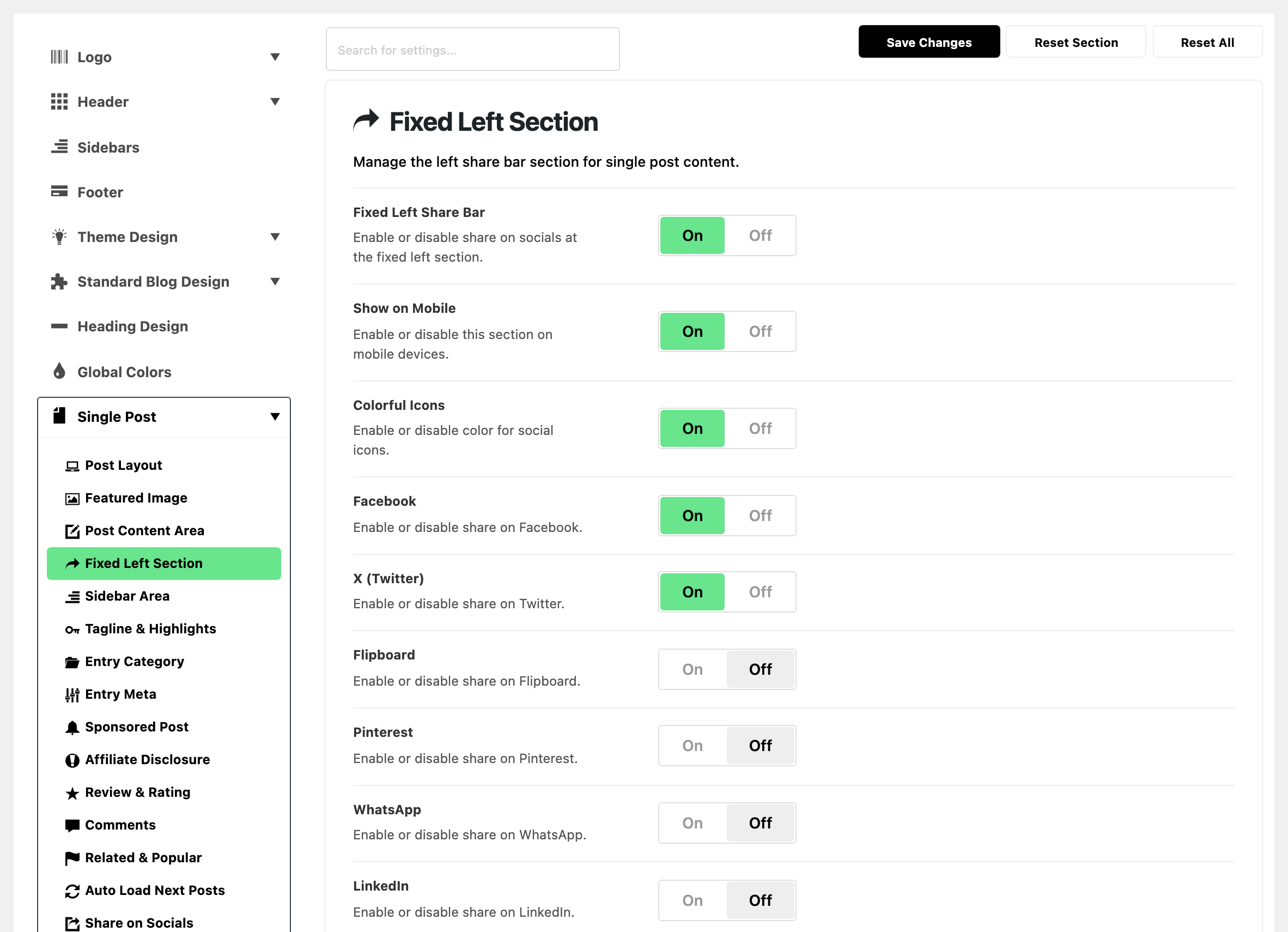 Theme Options with Single Post expanded in the section list and Fixed Left Section highlighted, beside the Fixed Left Section panel: Fixed Left Share Bar, Show on Mobile, Colorful Icons, Facebook and X (Twitter) on, and Flipboard, Pinterest, WhatsApp and LinkedIn off