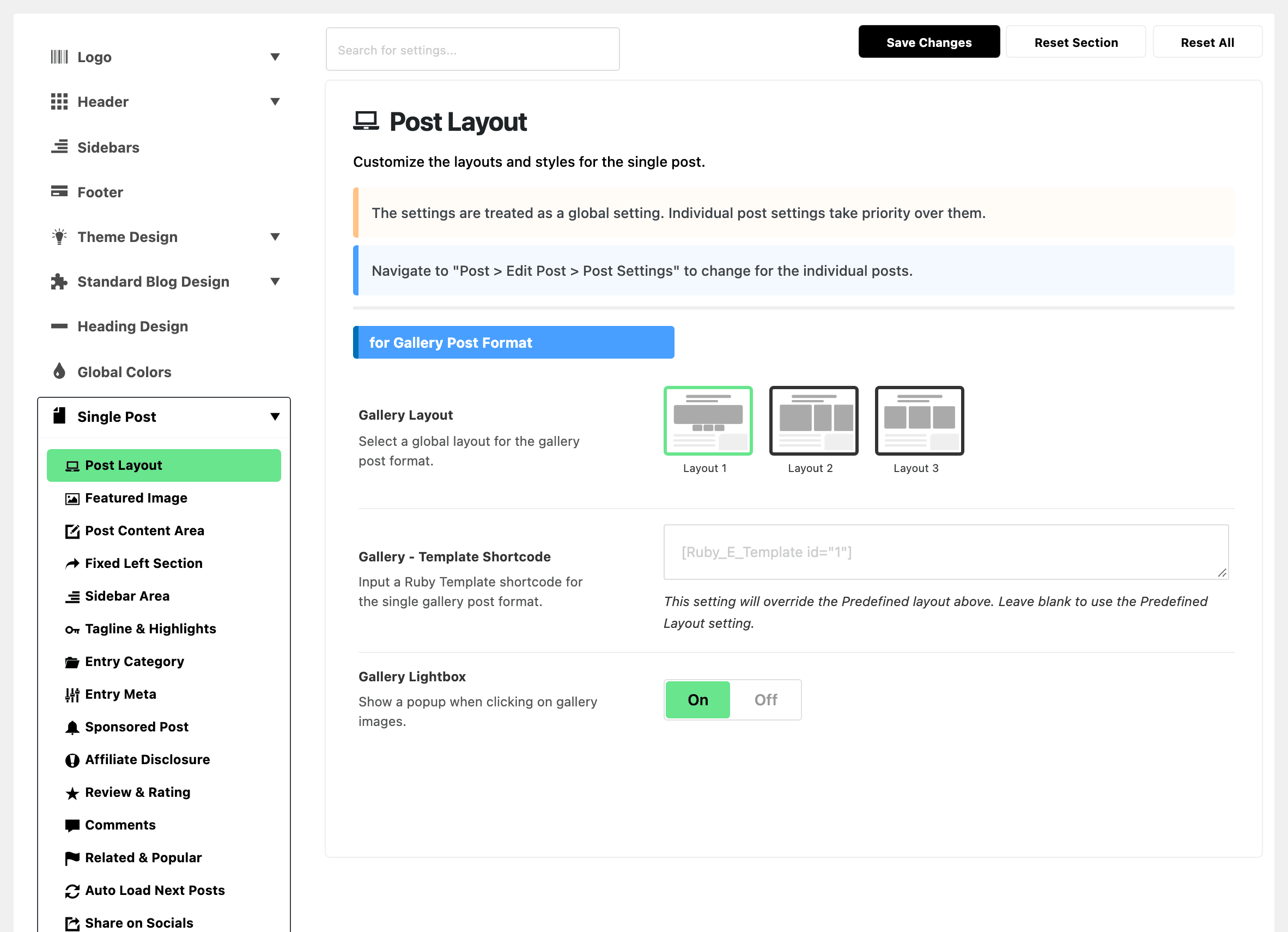 Theme Options with Single Post expanded in the section list and Post Layout highlighted, beside the for Gallery Post Format group: Gallery Layout on Layout 1, Gallery - Template Shortcode empty and Gallery Lightbox on