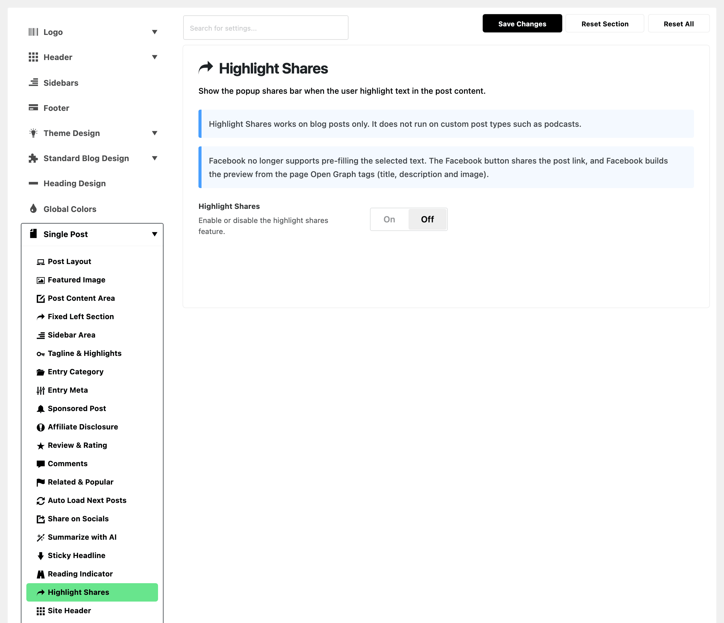 Theme Options with Single Post expanded in the section list and Highlight Shares highlighted near the foot of it, beside the Highlight Shares panel: two notes and the Highlight Shares switch, off
