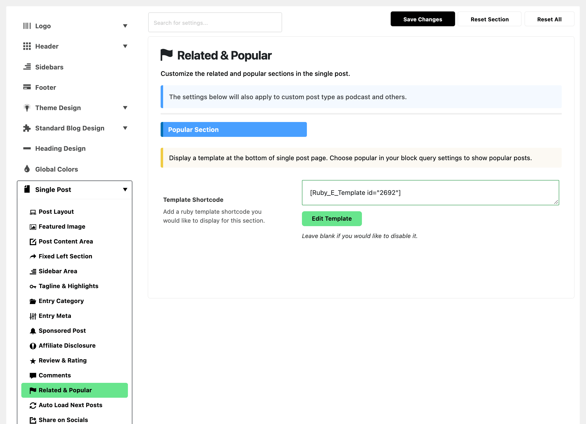 Theme Options with Single Post expanded in the section list and Related & Popular highlighted, beside the Popular Section group: its Template Shortcode field holding [Ruby_E_Template id="2692"]