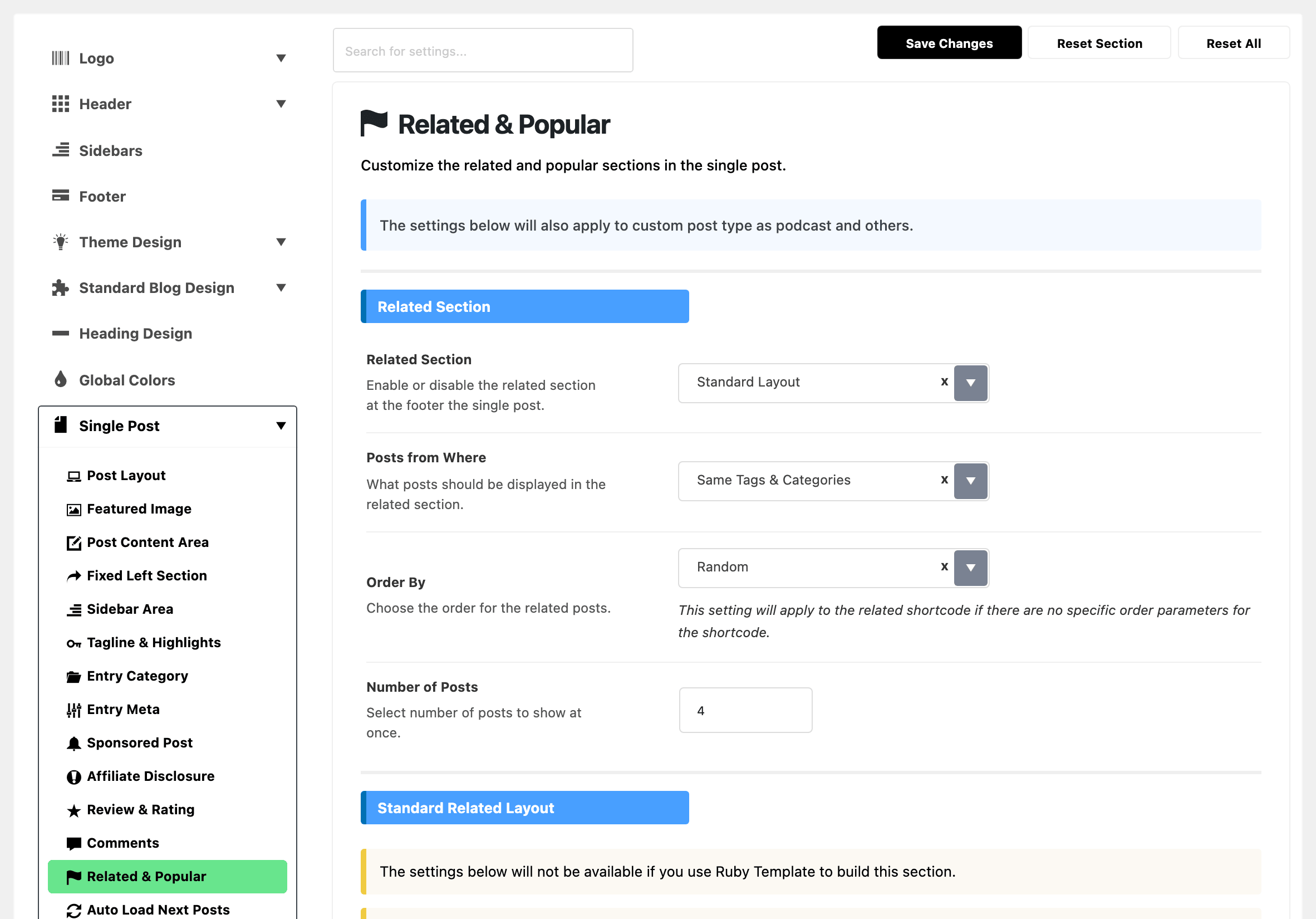 Theme Options with Single Post expanded in the section list and Related & Popular highlighted, beside the Related & Popular panel: the Related Section group with Related Section on Standard Layout, Posts from Where on Same Tags & Categories, Order By on Random and Number of Posts at 4