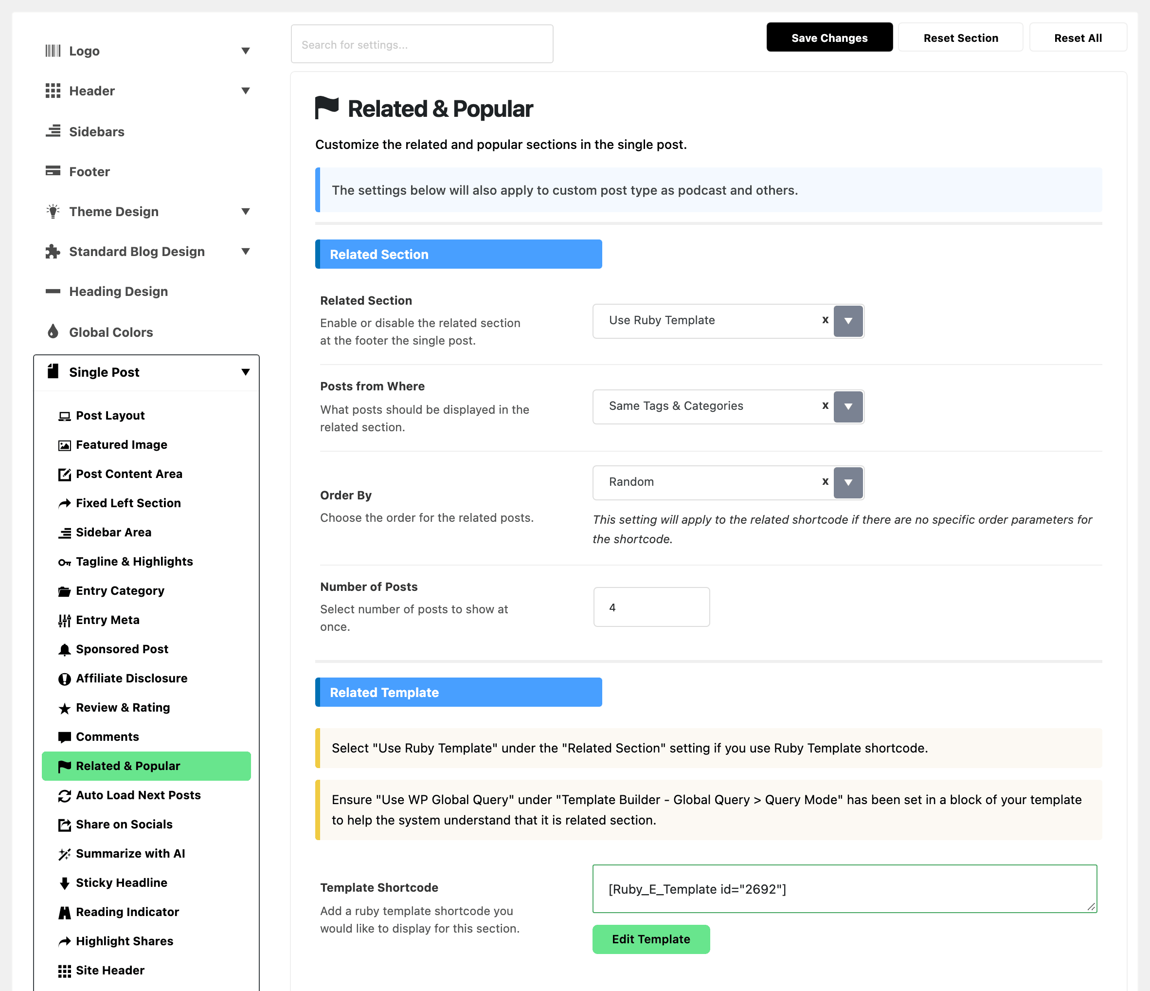 Theme Options with Single Post expanded in the section list and Related & Popular highlighted, beside the Related Section group with Related Section on Use Ruby Template, and below it the Related Template group that choice reveals, with its Template Shortcode field