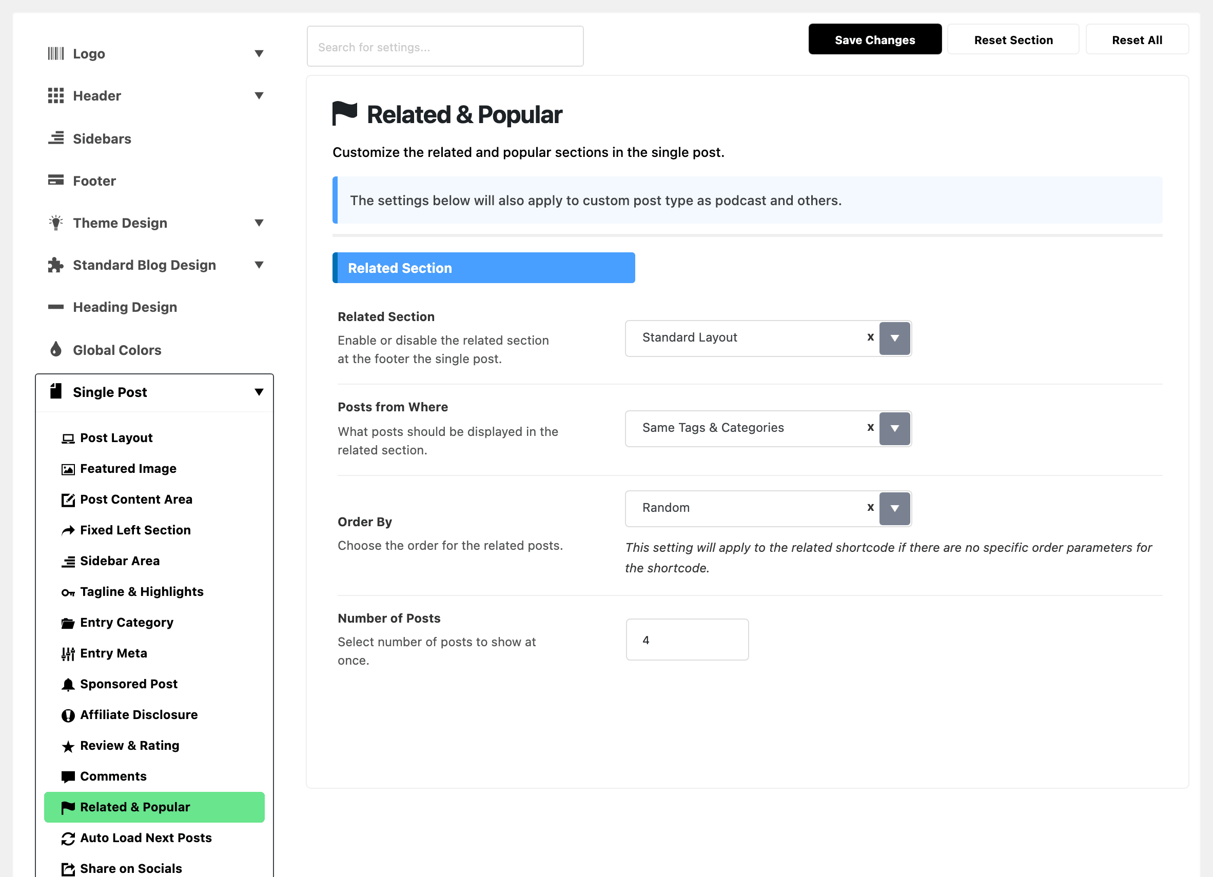 Theme Options with Single Post expanded in the section list and Related & Popular highlighted, beside the Related Section group at its defaults: Related Section on Standard Layout, Posts from Where on Same Tags & Categories, Order By on Random and Number of Posts 4