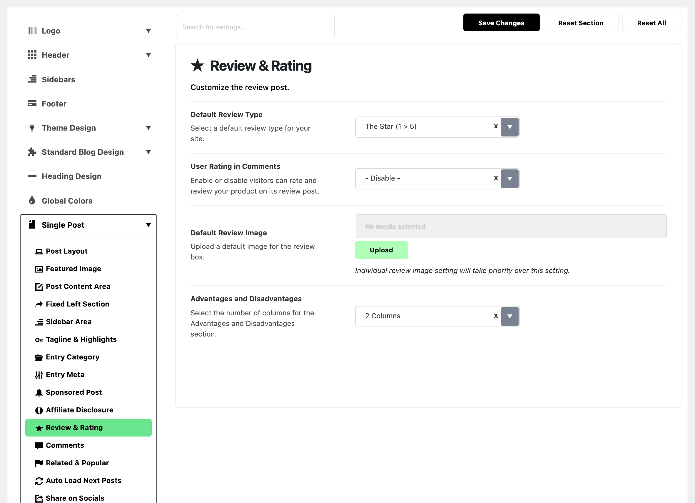 Theme Options with Single Post expanded in the section list and Review & Rating highlighted, beside the Review & Rating subsection: Default Review Type on The Star (1 > 5), User Rating in Comments, Default Review Image empty and Advantages and Disadvantages on 2 Columns