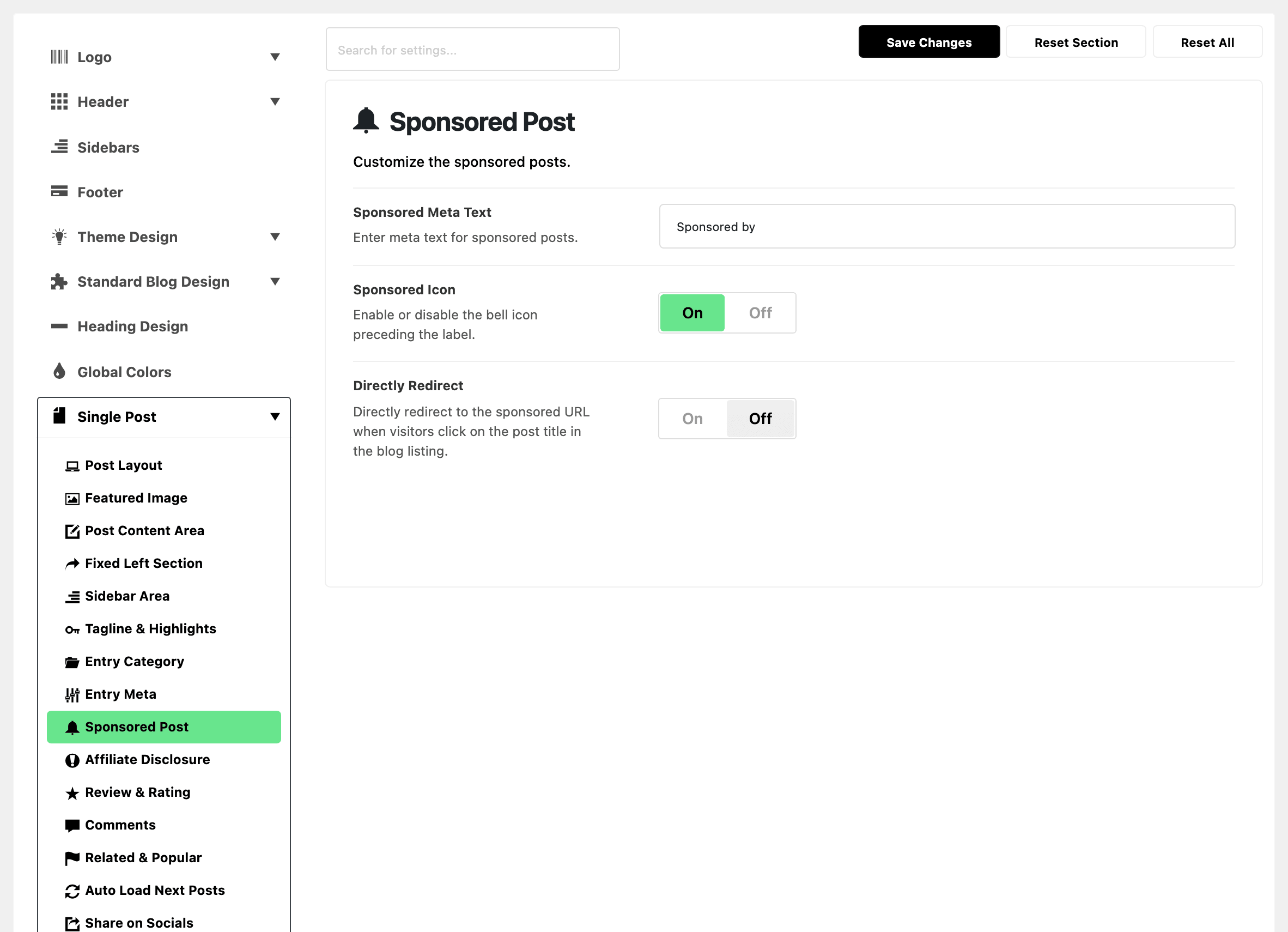 Theme Options with Single Post expanded in the section list and Sponsored Post highlighted, beside the Sponsored Post subsection: Sponsored Meta Text Sponsored by, Sponsored Icon on and Directly Redirect off