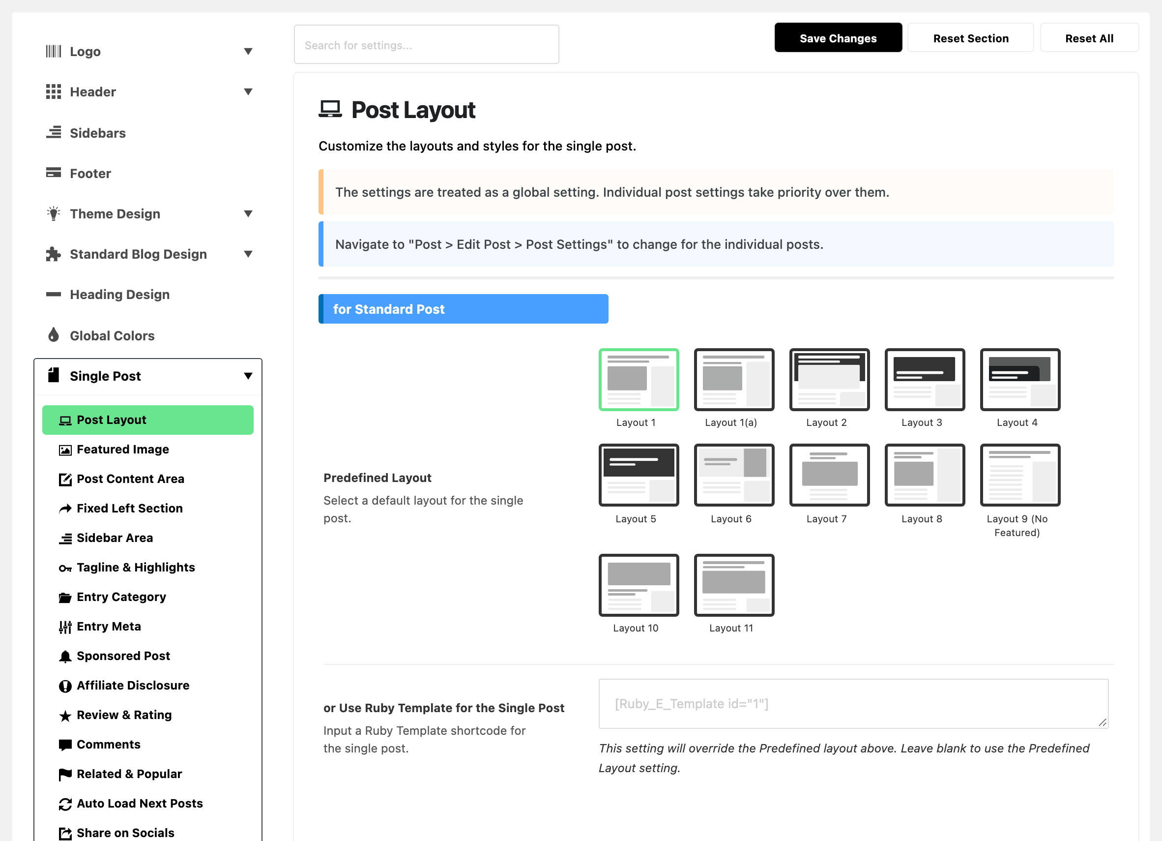 Theme Options with Single Post expanded in the section list and Post Layout highlighted, beside the for Standard Post group: Predefined Layout with its twelve layout pictures, Layout 1 selected, and or Use Ruby Template for the Single Post