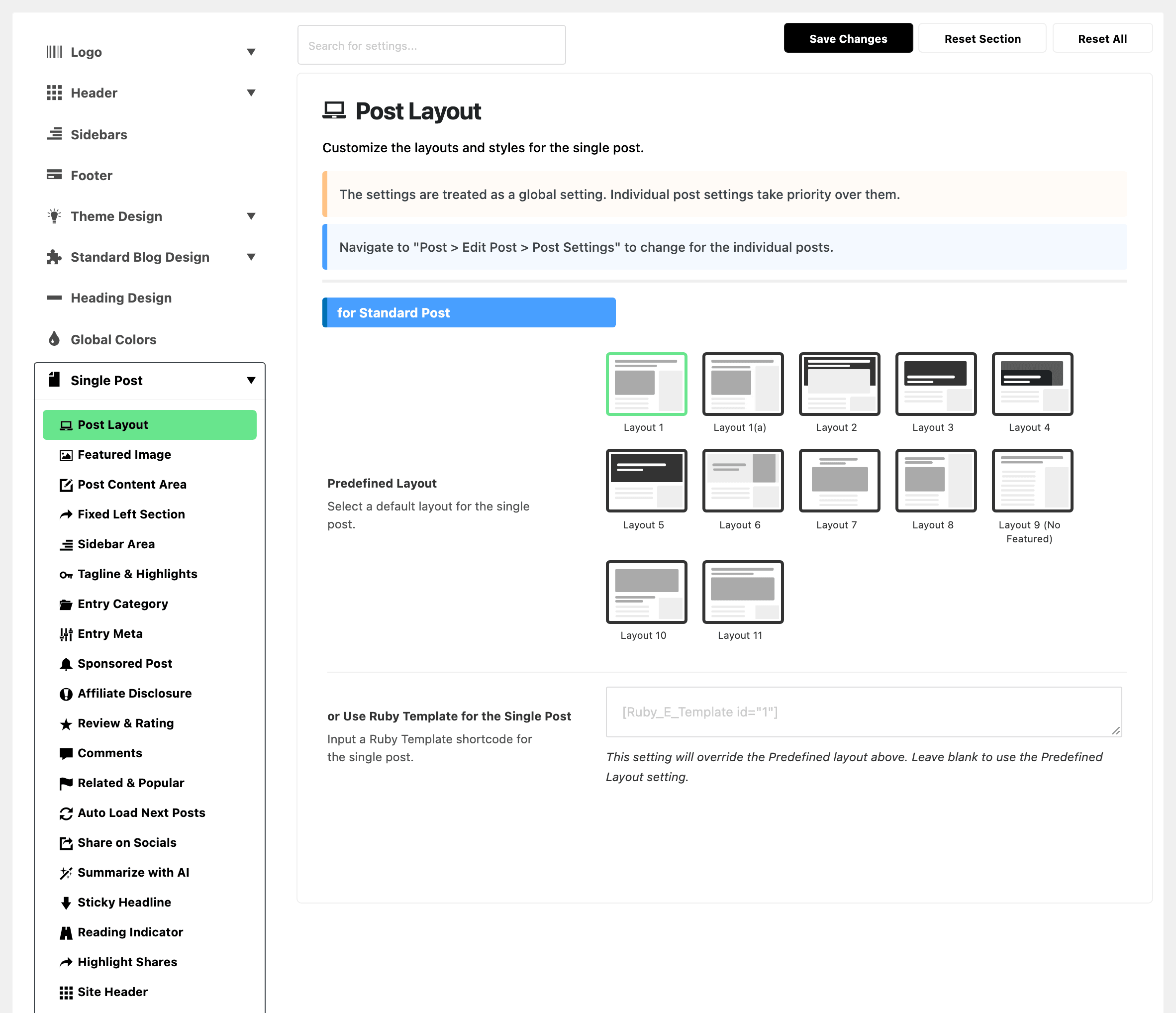 Theme Options with Single Post expanded in the section list, its twenty subsections from Post Layout to Site Header, Post Layout highlighted and its first group, for Standard Post, beside them with Layout 1 selected