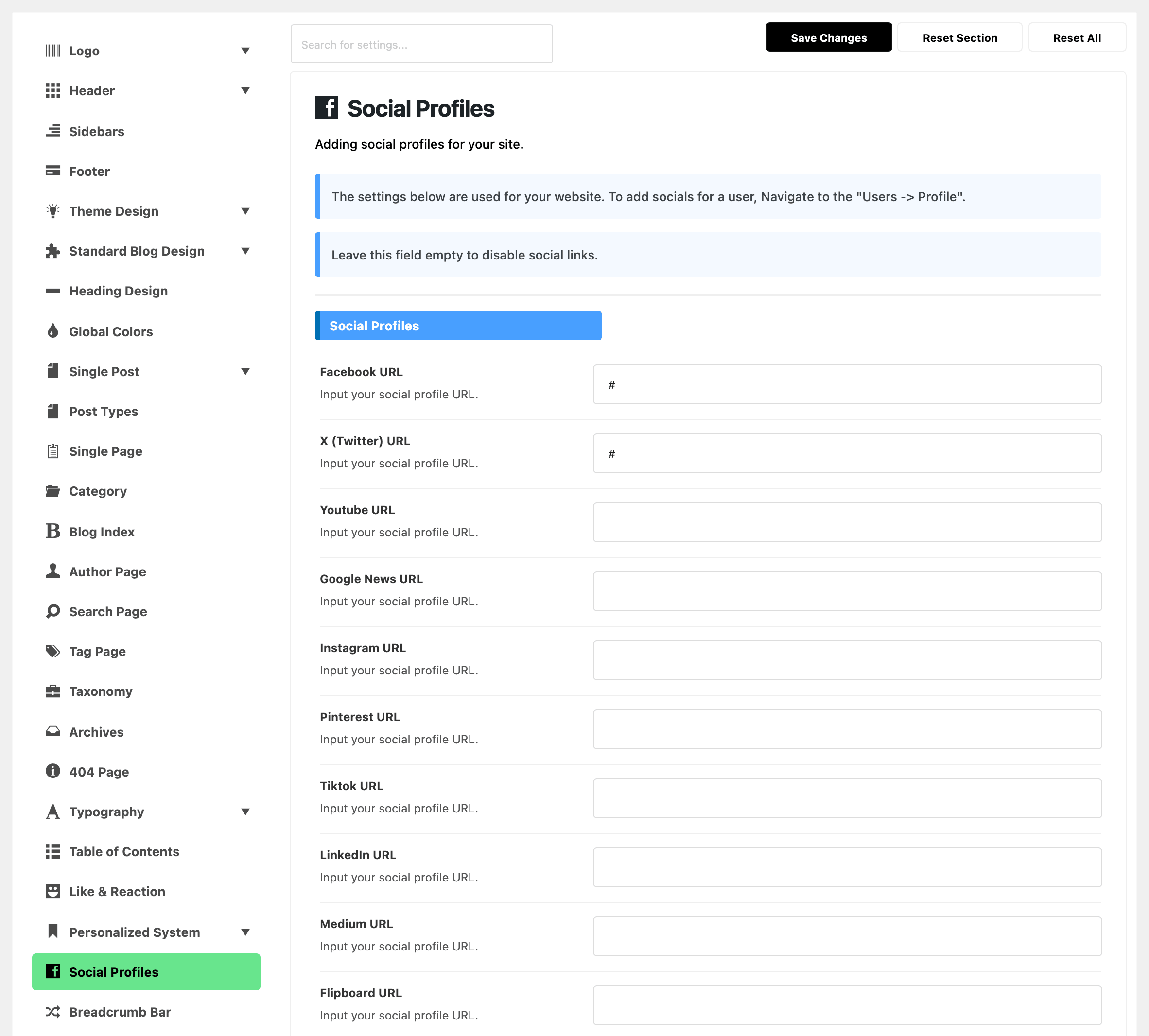Theme Options with Social Profiles highlighted near the foot of the section list, beside the Social Profiles panel: two notes, then the first URL fields from Facebook URL down, Facebook URL and X (Twitter) URL holding # and the rest empty