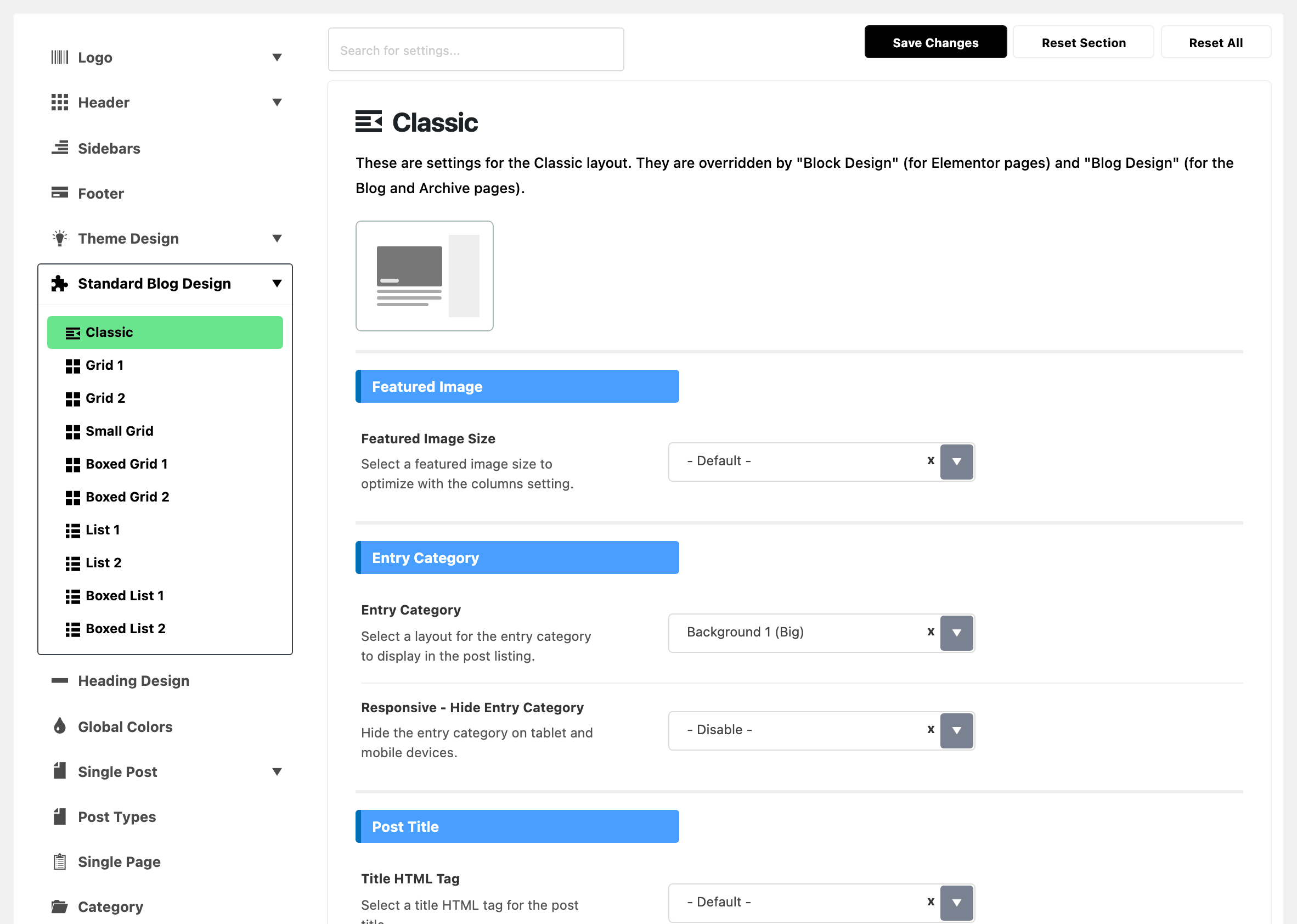 Theme Options with Standard Blog Design expanded in the section list and Classic highlighted, beside the Classic panel: the layout picture, Featured Image Size on - Default -, Entry Category on Background 1 (Big) and the start of the Post Title group