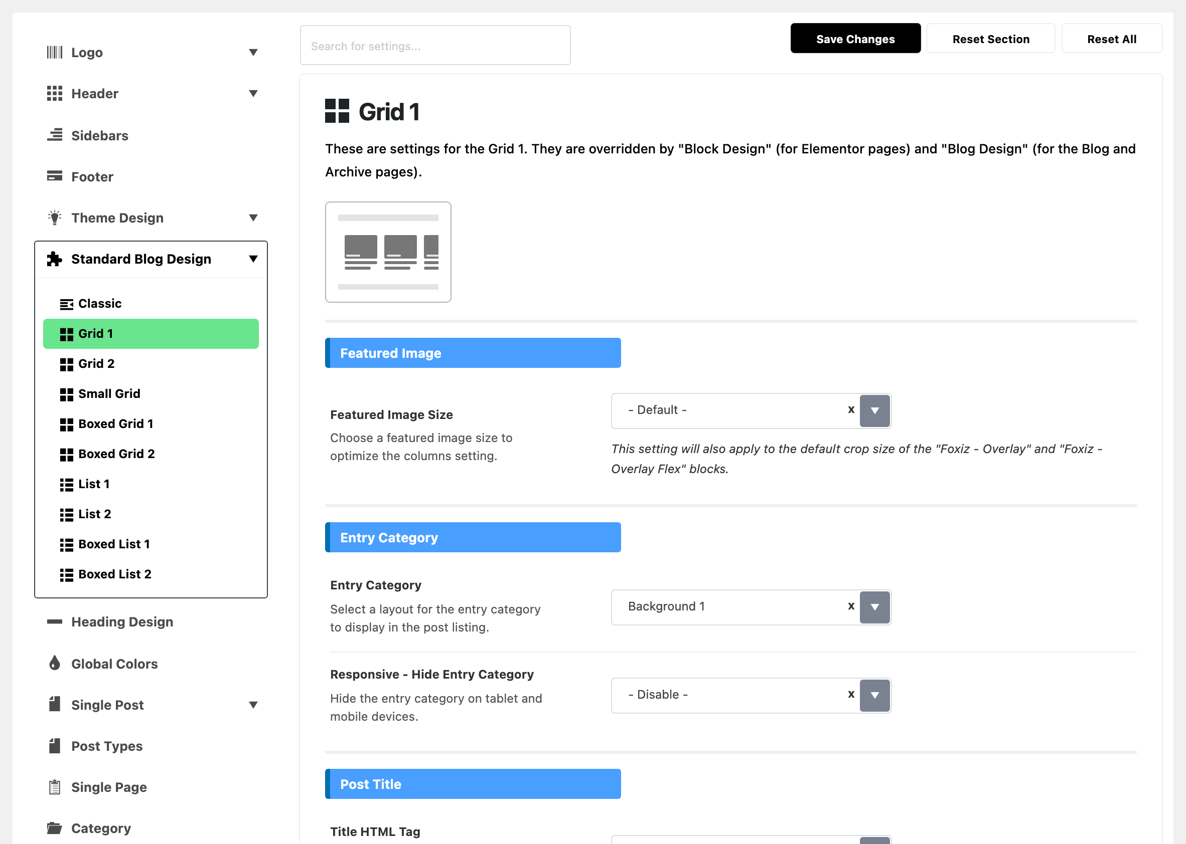 Theme Options with Standard Blog Design expanded in the section list and Grid 1 highlighted, beside the Grid 1 panel: the layout picture, Featured Image Size on - Default -, Entry Category on Background 1 and the start of the Post Title group