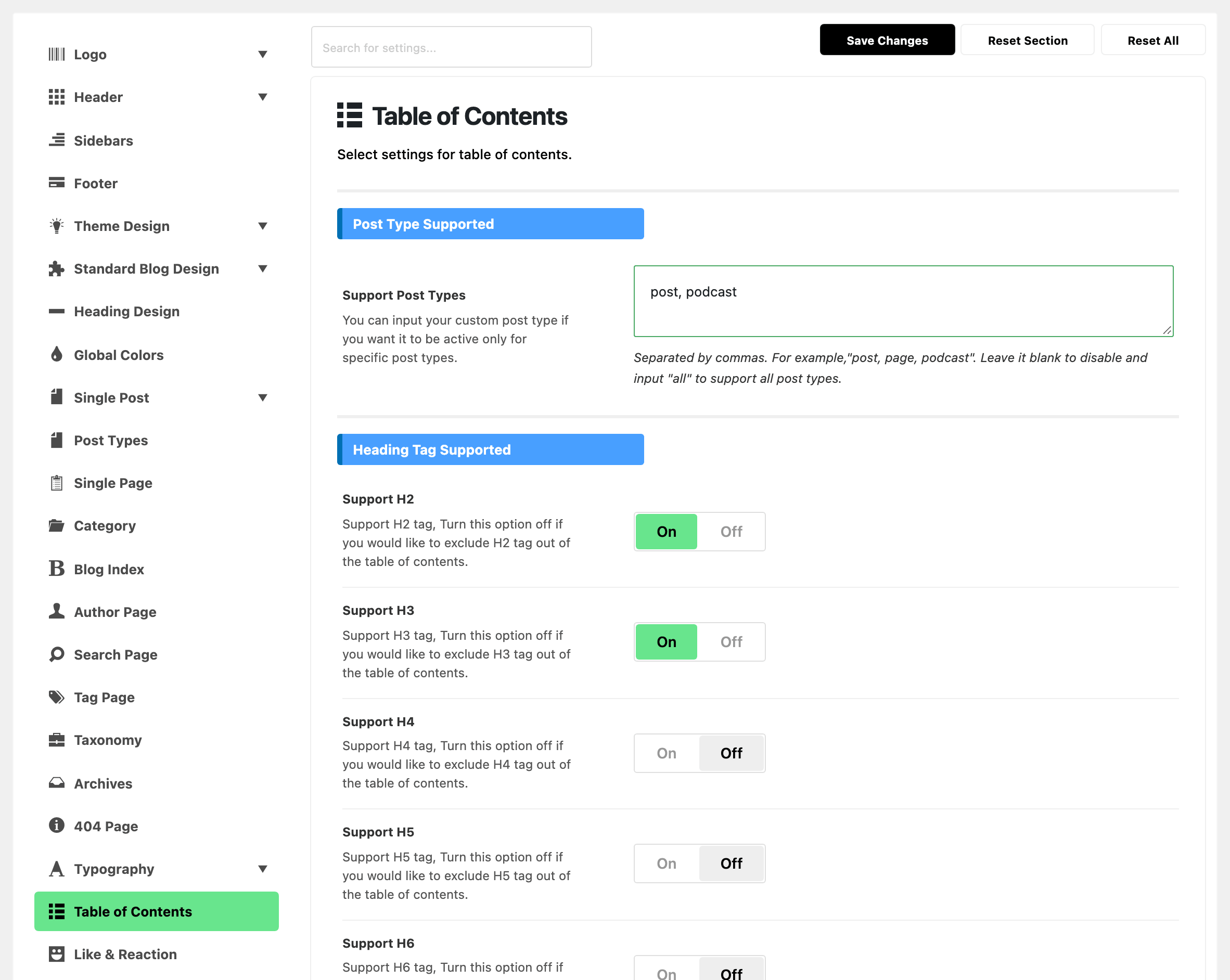 Theme Options with Table of Contents highlighted in the section list, beside the Table of Contents panel: Support Post Types holding post, podcast, then the Heading Tag Supported group with Support H2 and Support H3 on and Support H4 to Support H6 off